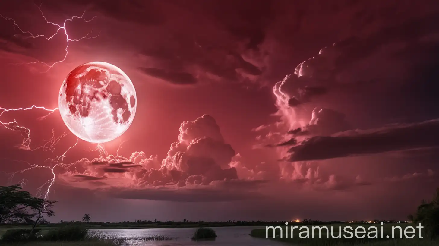 Red Moon Illuminating Stormy Sky with Thunderbolts