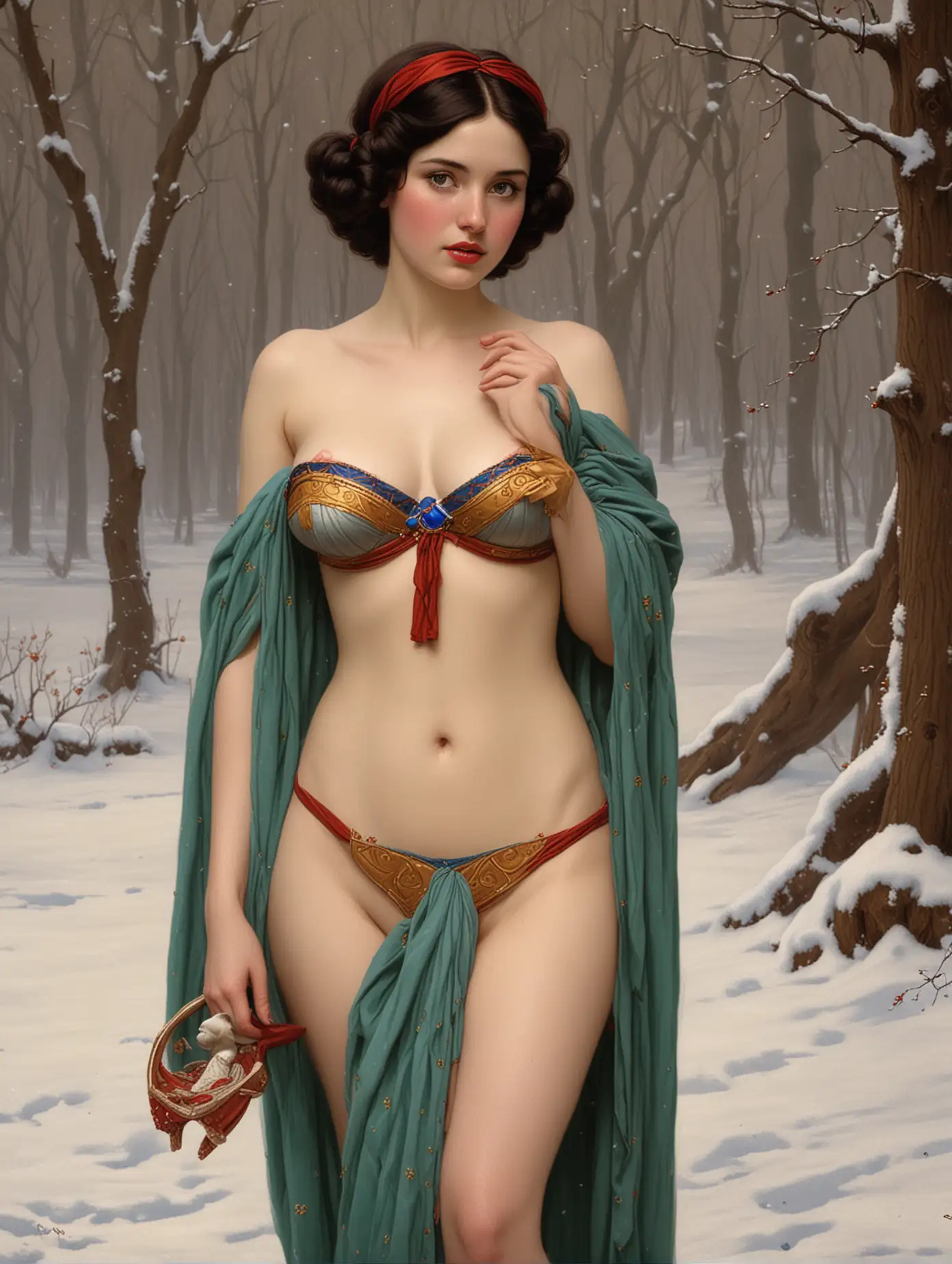 John William Godward painting of topless Disney's Snow White wearing tiny thin robe.