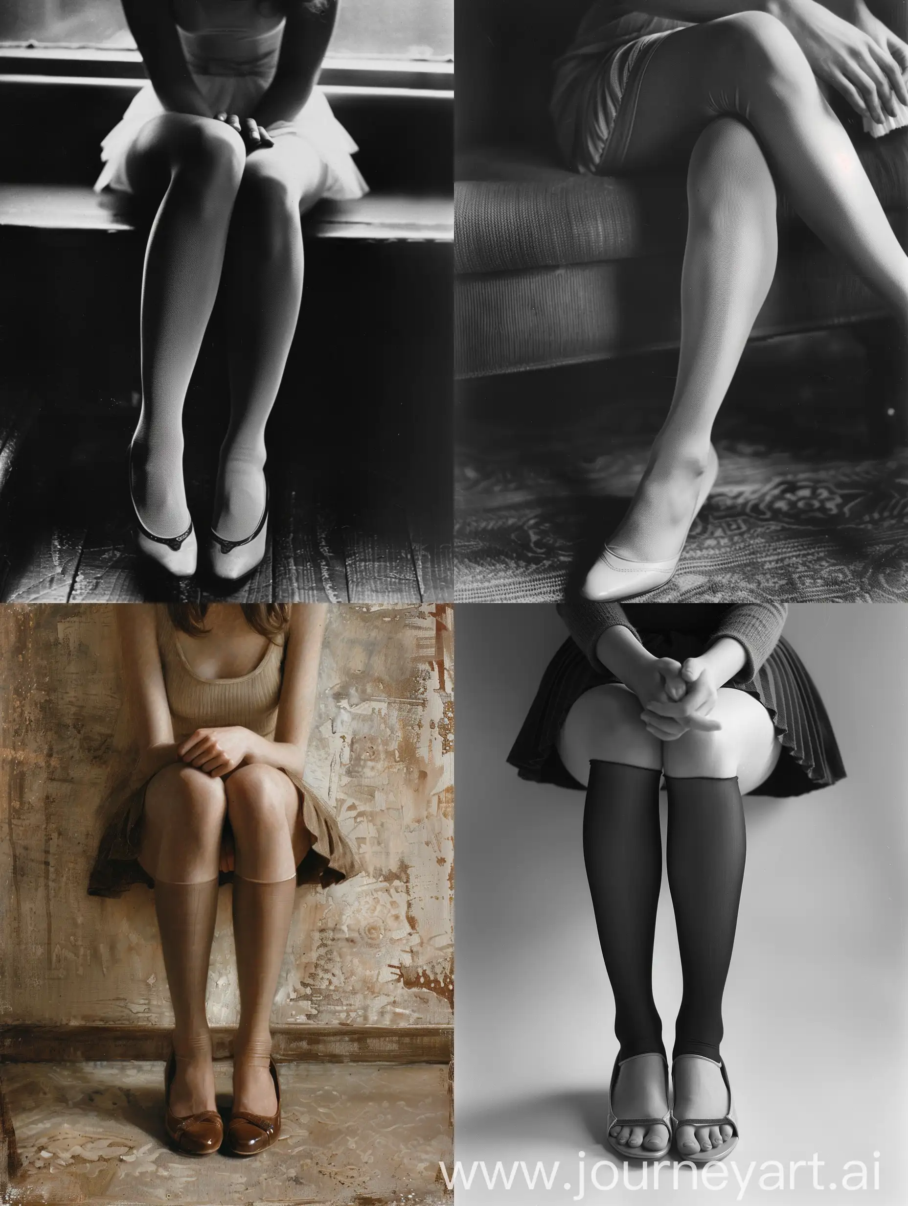Elegant-Woman-Sitting-in-Skirt-and-Flats-Wearing-Pantyhose