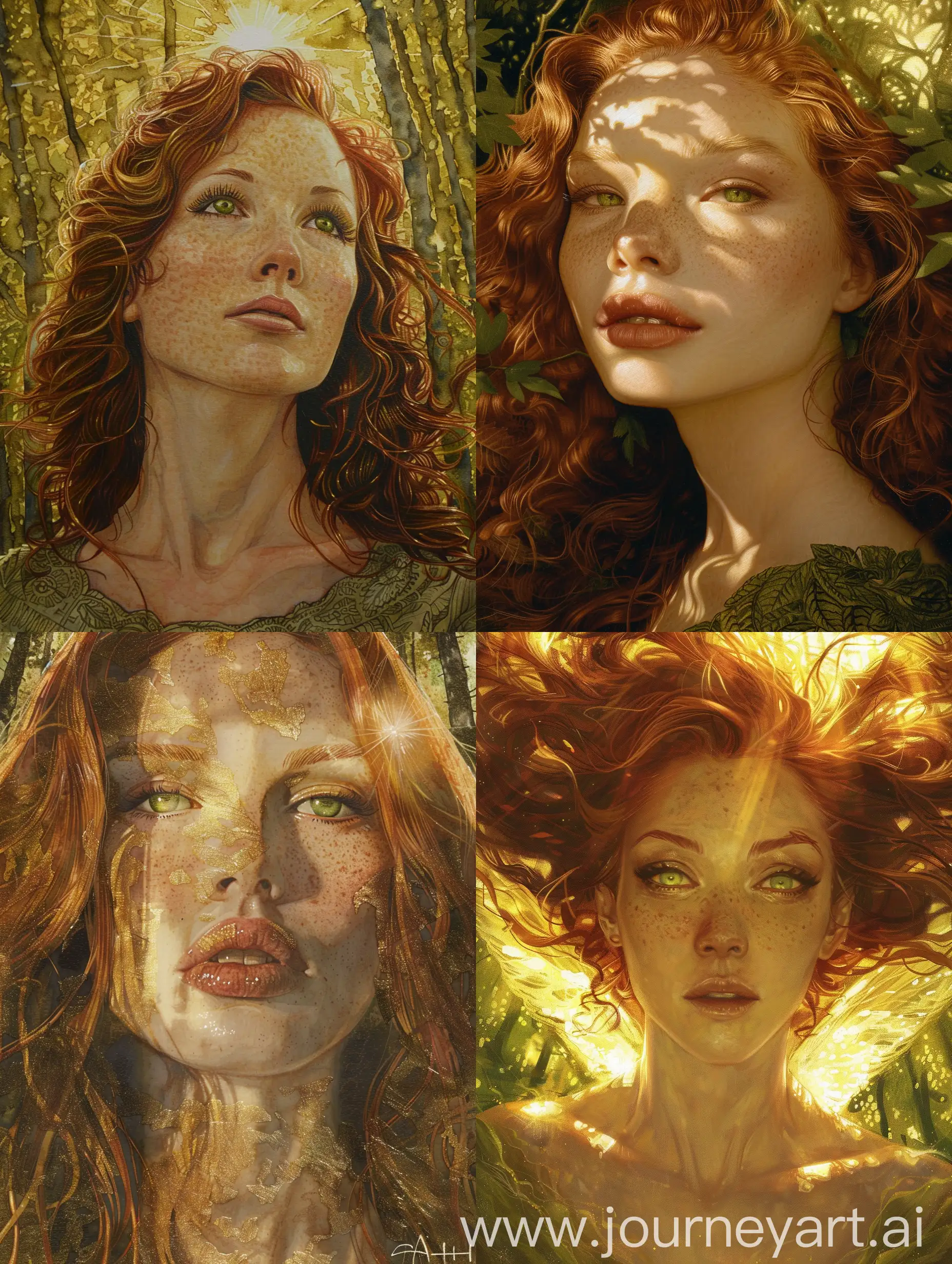 Subject: a supernatural goddess. Olive earthy toned skin, well toned and ample curves, a face even more beautiful than the sunshine on a warm summer morning, emerald green eyes, apple red hair.   

Background: surrounded by warm forests and sunshine.   

Style: detailed paiting by gaston bussiere, craig mullins, Impressionism, impasto, baroque, impressionist, mythological oil painting watercolor painting.