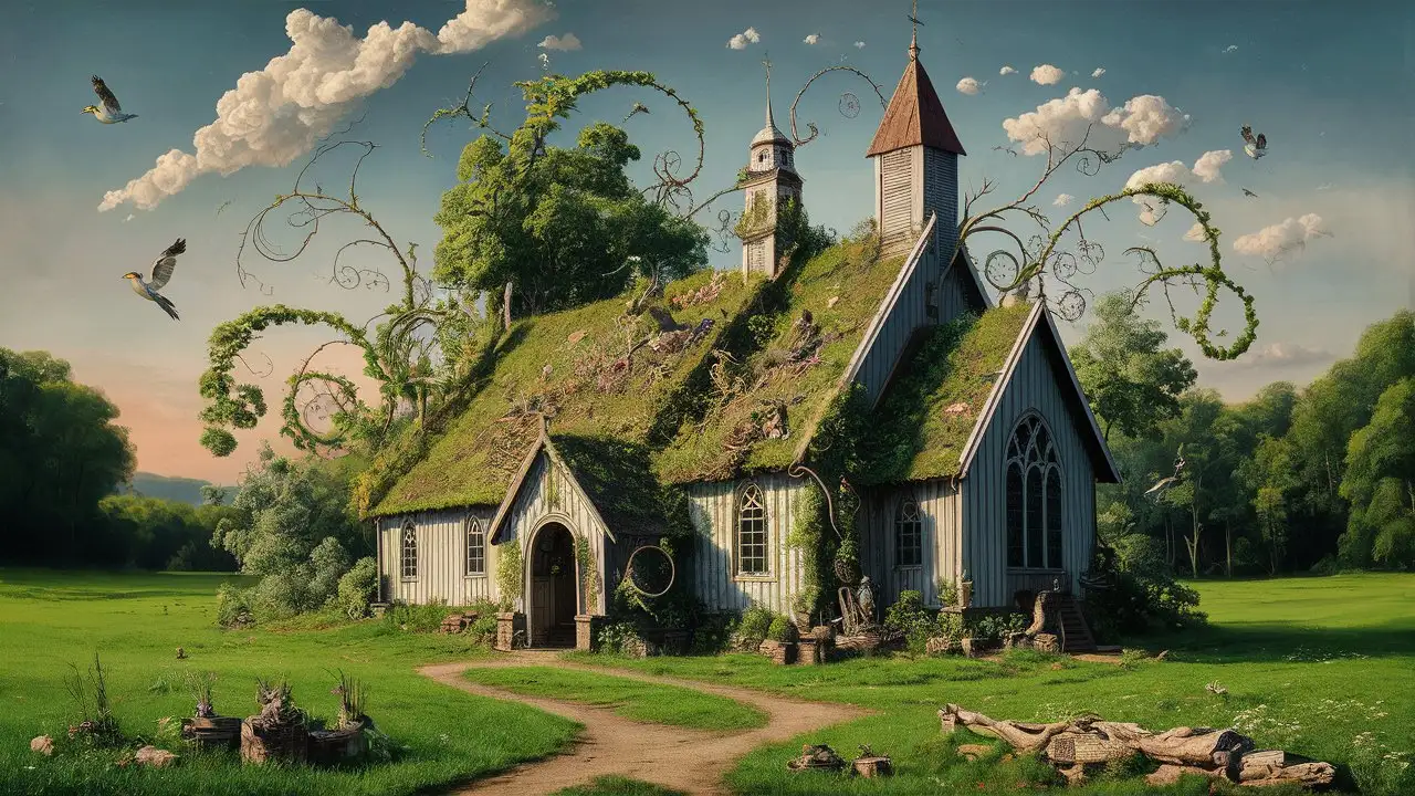 Surreal Rural Church Painting in Max Ernst Style