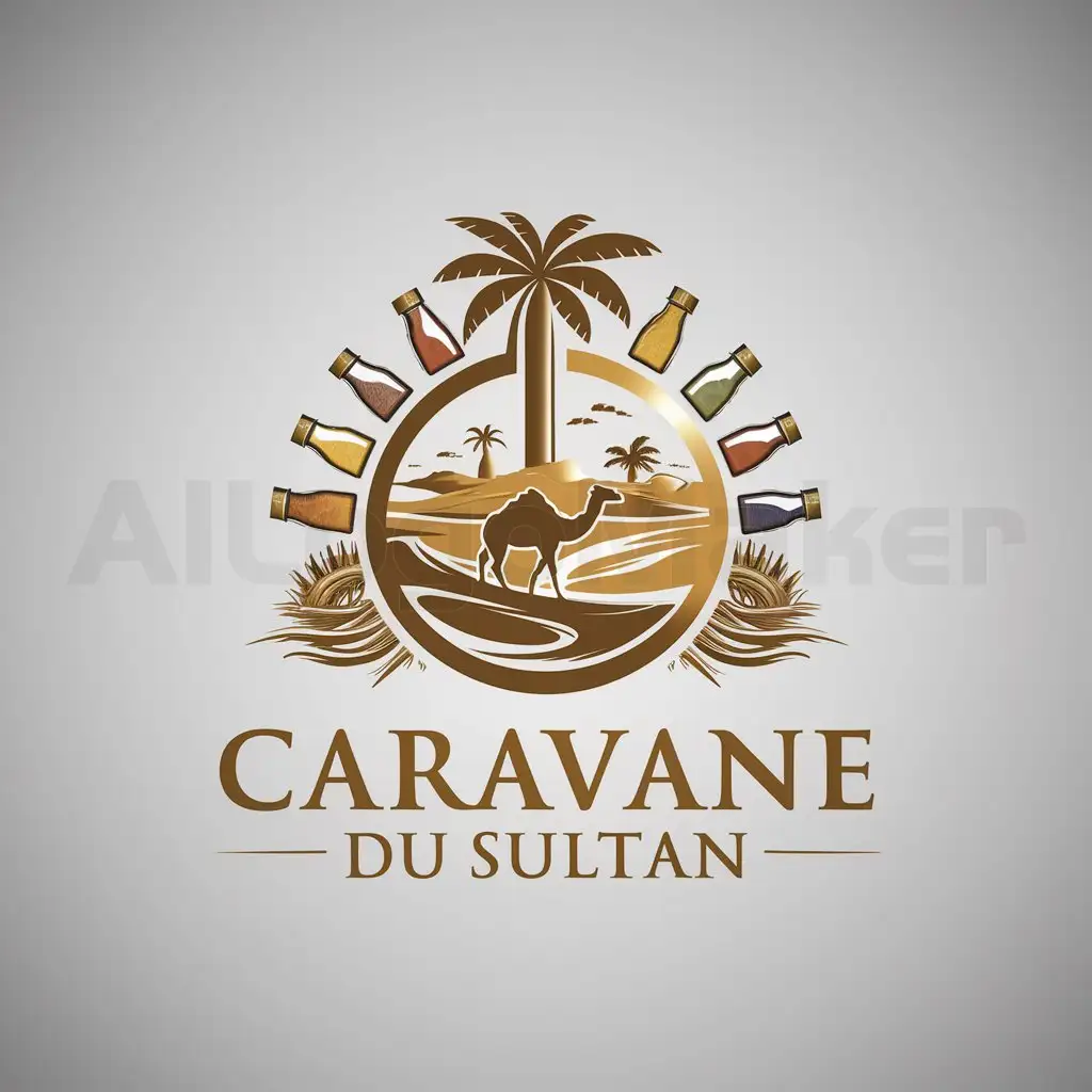 a logo design,with the text "CARAVANE DU SULTAN", main symbol:OASIS IN THE DESERT CAMEL PALMER WITH SPICE BOTTLES,complex,be used in Retail industry,clear background