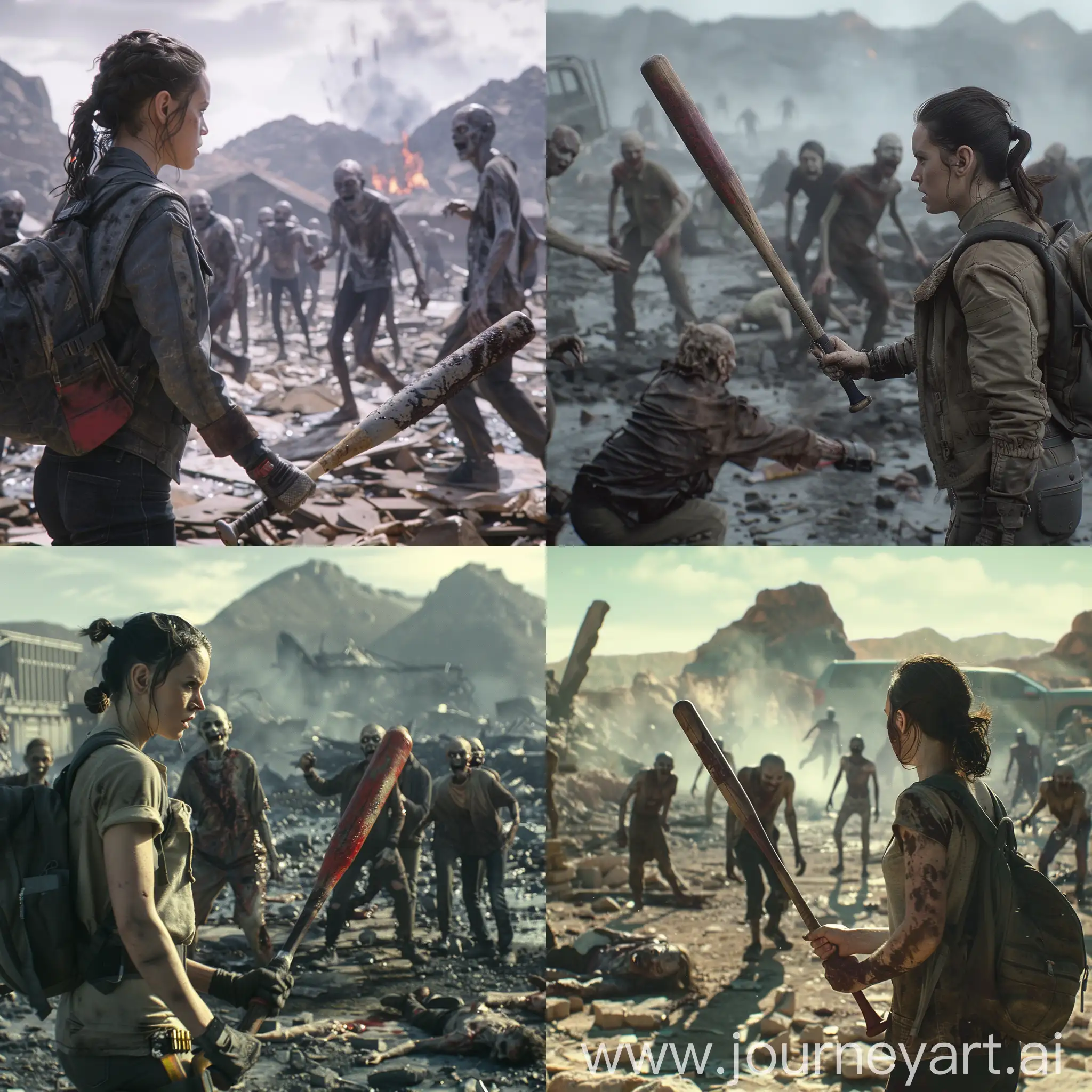images from a film with Daisy Ridley as the protagonist facing several zombies with a baseball bat in a devastated environment, 8k resolution, cinematic image, realistic 