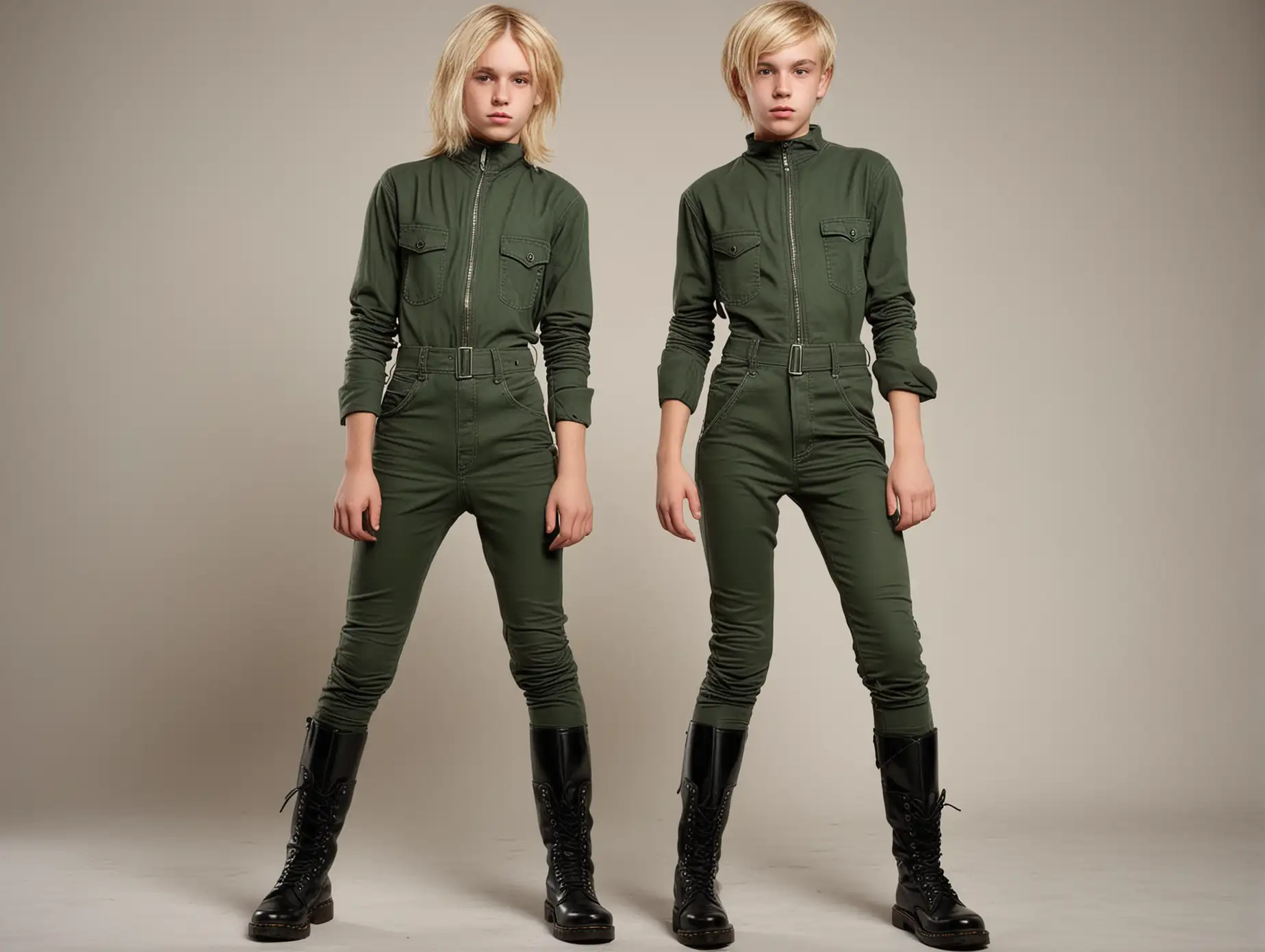 thin 15 year old blond  boy in skin-tight green jumpsuit and black knee-high doc marten boots