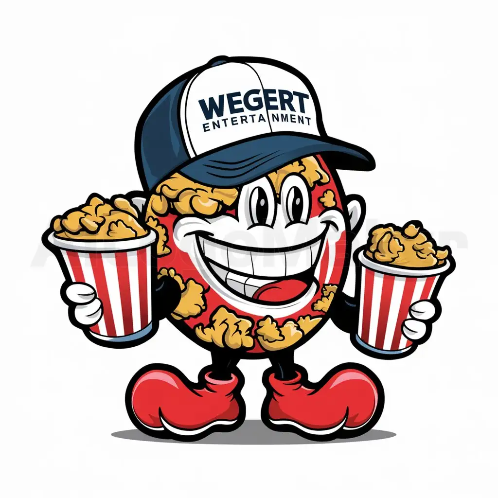 LOGO-Design-for-Wegert-Entertainment-FunFilled-Popcorn-Character-with-Wegert-Entertainment-Cap