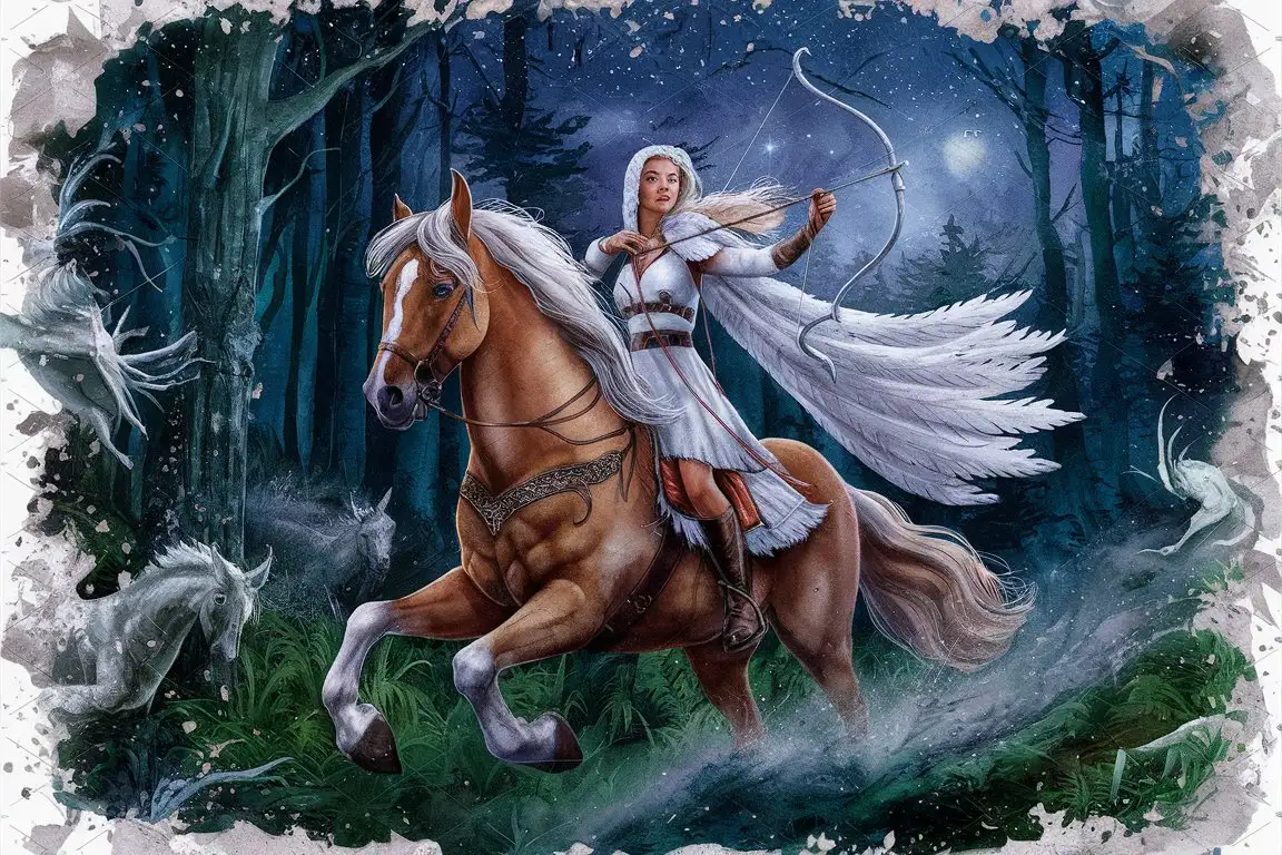 midsummer night aesthetics,  dense Carpathian forest, the stars, Slavic Amazon riding a horse and holding a bow, she wears a white folk dress with a magical white cloak that looks like wings, mythology, aquarelle style, magical, silver pigment, watercolor drawing