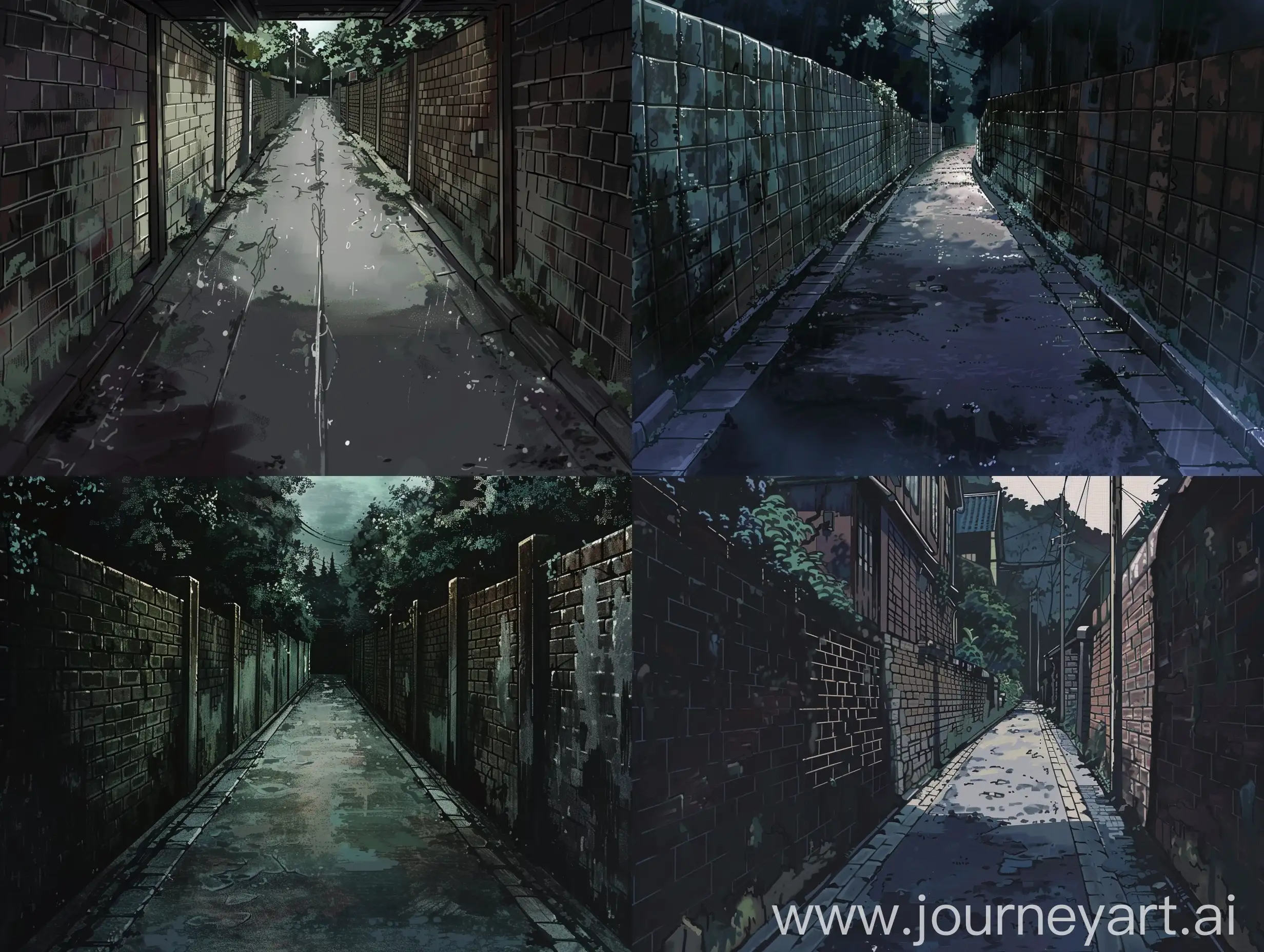 dark and gloomy street alley, there is a road ahead, it is surrounded by brick walls on both sides, anime style