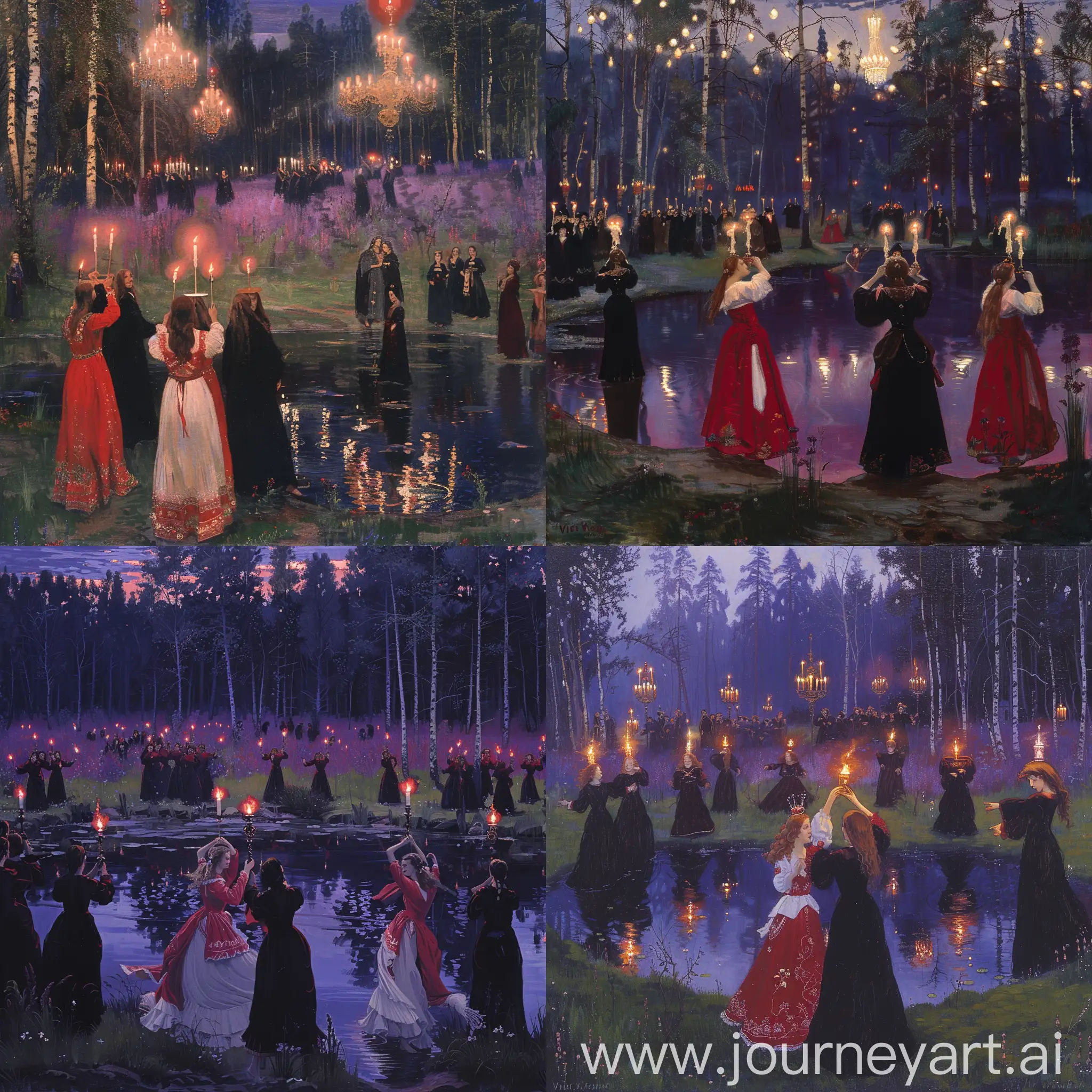 Viktor Vasnetsov, soft lighting, beautiful girls near the pond in red and white with candles on their heads against the background of purple meadows and dark woods at night, many people dance around them in black robes, an atmosphere of sadness and romance, large strokes, high detail