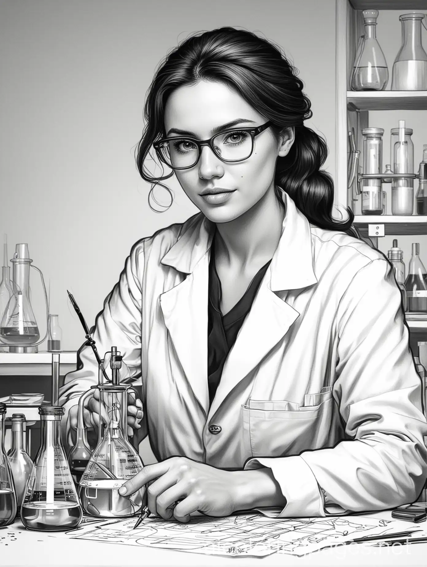 Scientist-in-Dark-Lab-Coloring-Page-in-Black-and-White