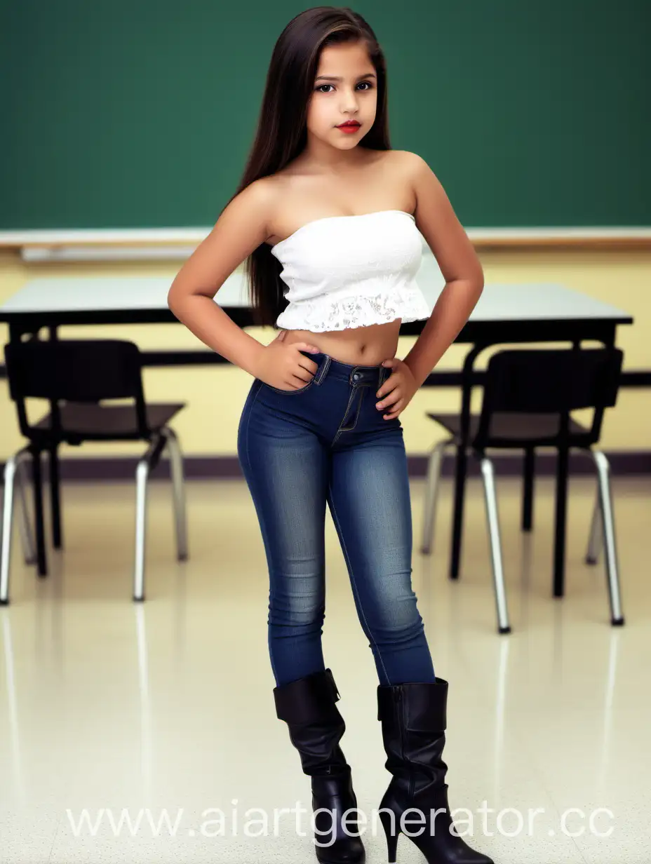 A 12 years innocent child latina   in classroom, most beautiful girl in the world, plump lips, strapless crop top, aggressive, skinny jeans, black long heeled boots