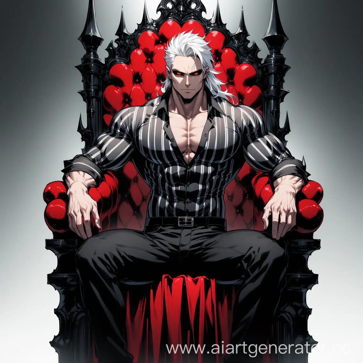 A man, tall,sits on a throne, white hair, red pupils with black sclera, fair skin,muscular body, black unbuttoned shirt, black pants with white longitudinal stripes.