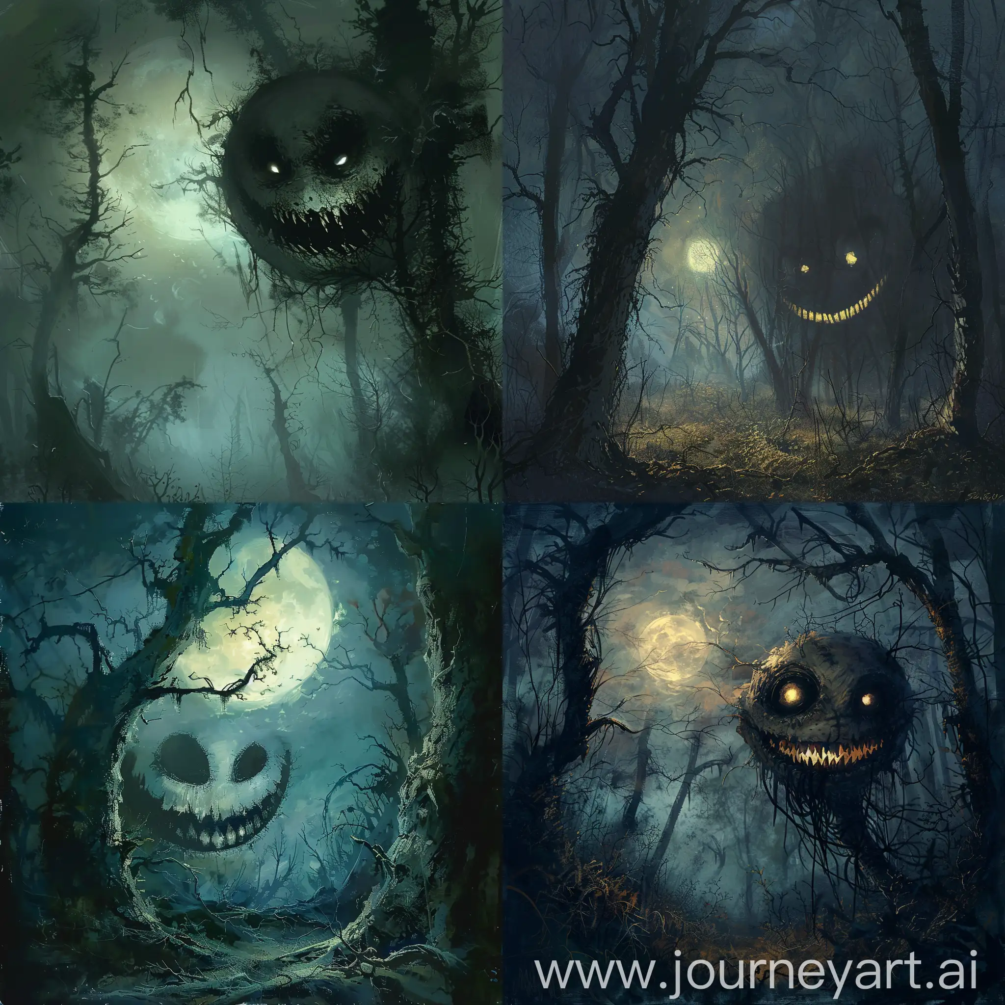 a creepy smile on the background of a creepy forest and the light of the moon