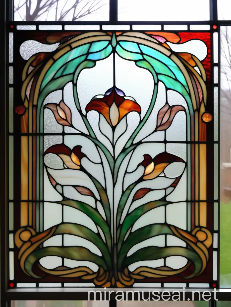 Elegant Art Nouveau Floral Stained Glass in Living Room Window