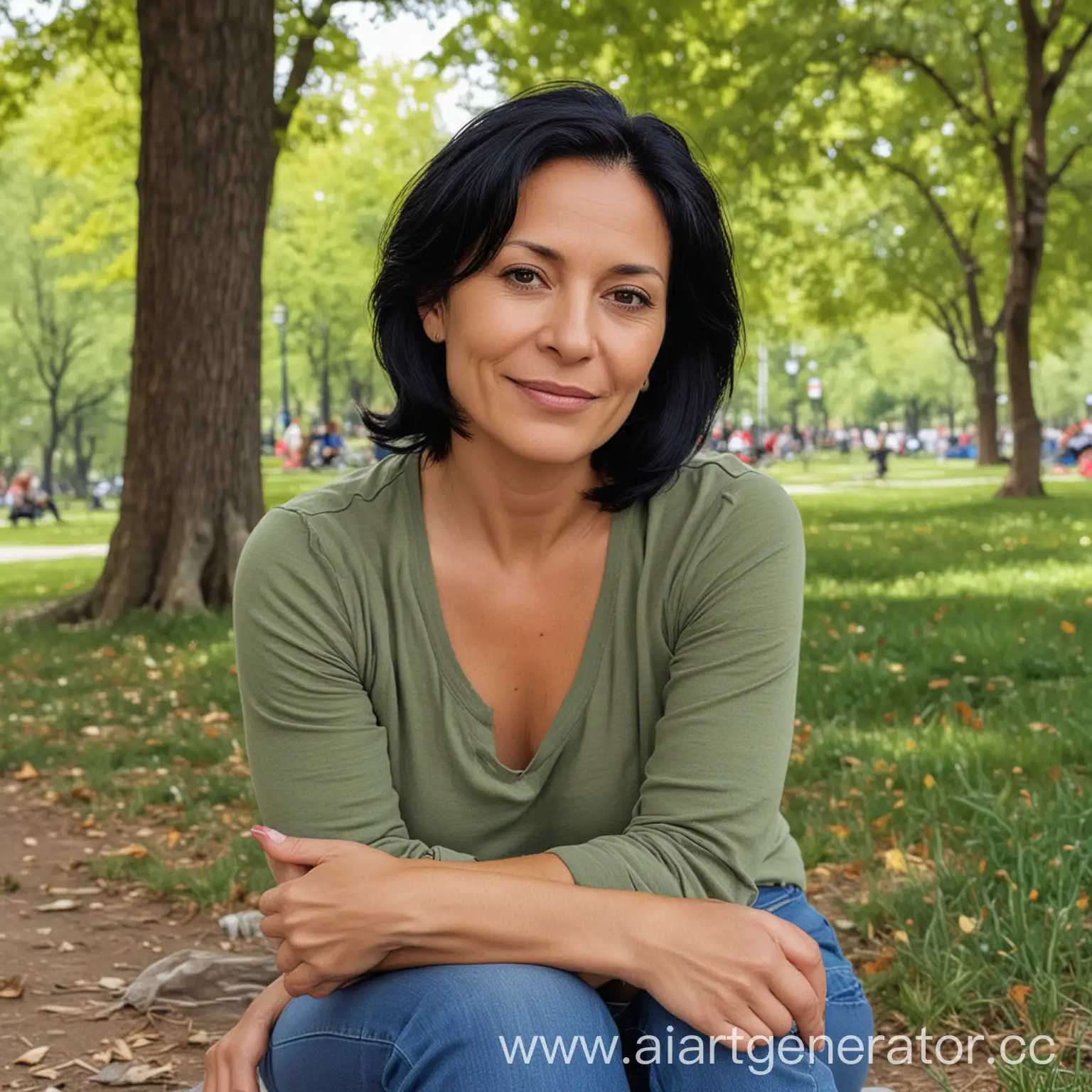 Serene-44YearOld-Woman-with-Black-Hair-Relaxing-in-the-Park