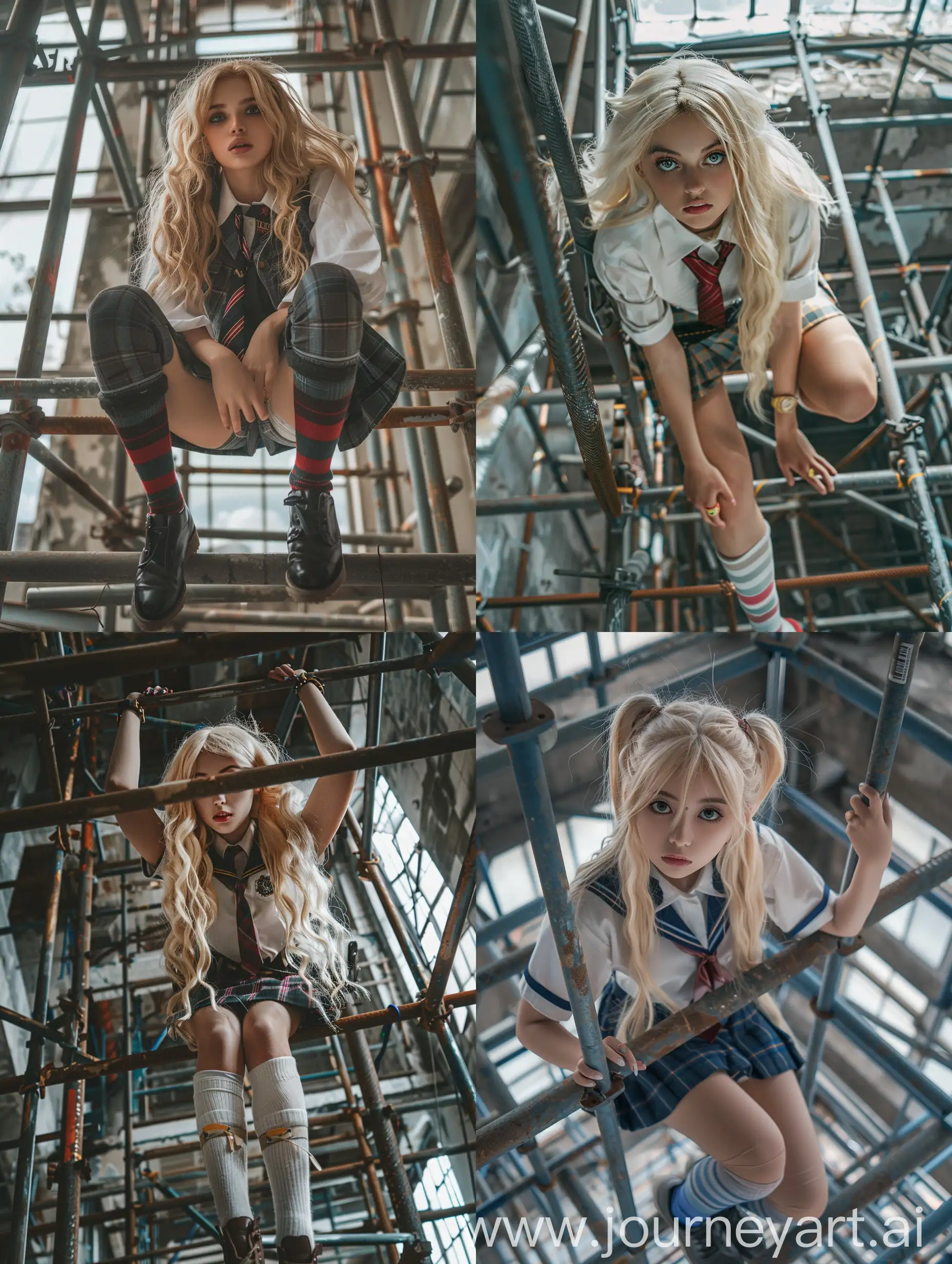 1 girl, long blond hair, 18 years old, influencer, beauty,   school uniform, makeup, down view, , down view, socks and boots, 4k, , is working on a steel scaffold under construction