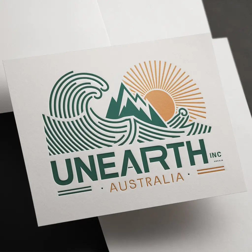 a logo design,with the text "Unearth Inc Australia", main symbol:The logo should include waves, mountain and sun or be creative with the wording. preferred colors green, black, and orange must be white stationery design mockup,Moderate,clear background