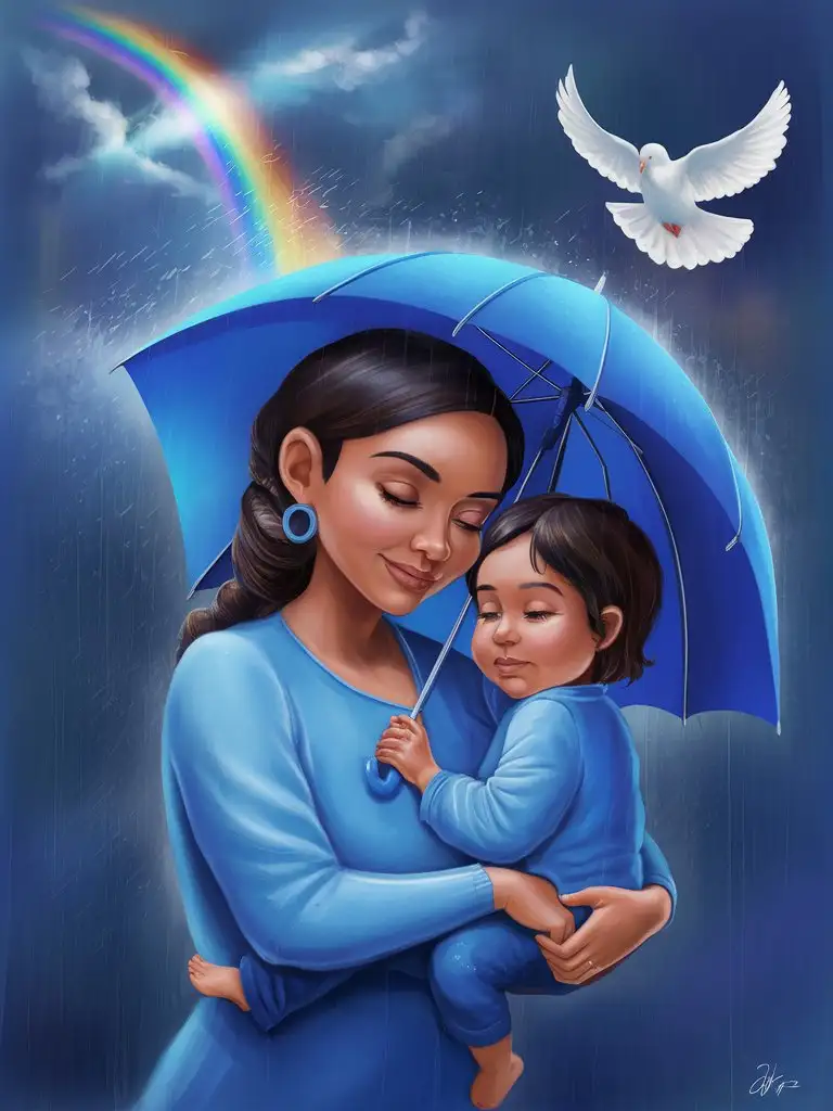 heartwarming digital painting depicting a beautiful Hispanic mother and her child seeking comfort under a bright blue umbrella during a storm. Both figures are dressed in calming shades of blue, adding to the sense of unity and protection. Above them, a radiant rainbow shines through the turbulent clouds, symbolizing hope and resilience. A peaceful dove gracefully glides across the sky, bringing a feeling of tranquility and peace to the scene. The imagery of the blue hues, coupled with the symbols of hope and peace, creates a soothing and reassuring atmosphere in this touching moment of maternal love and solace.