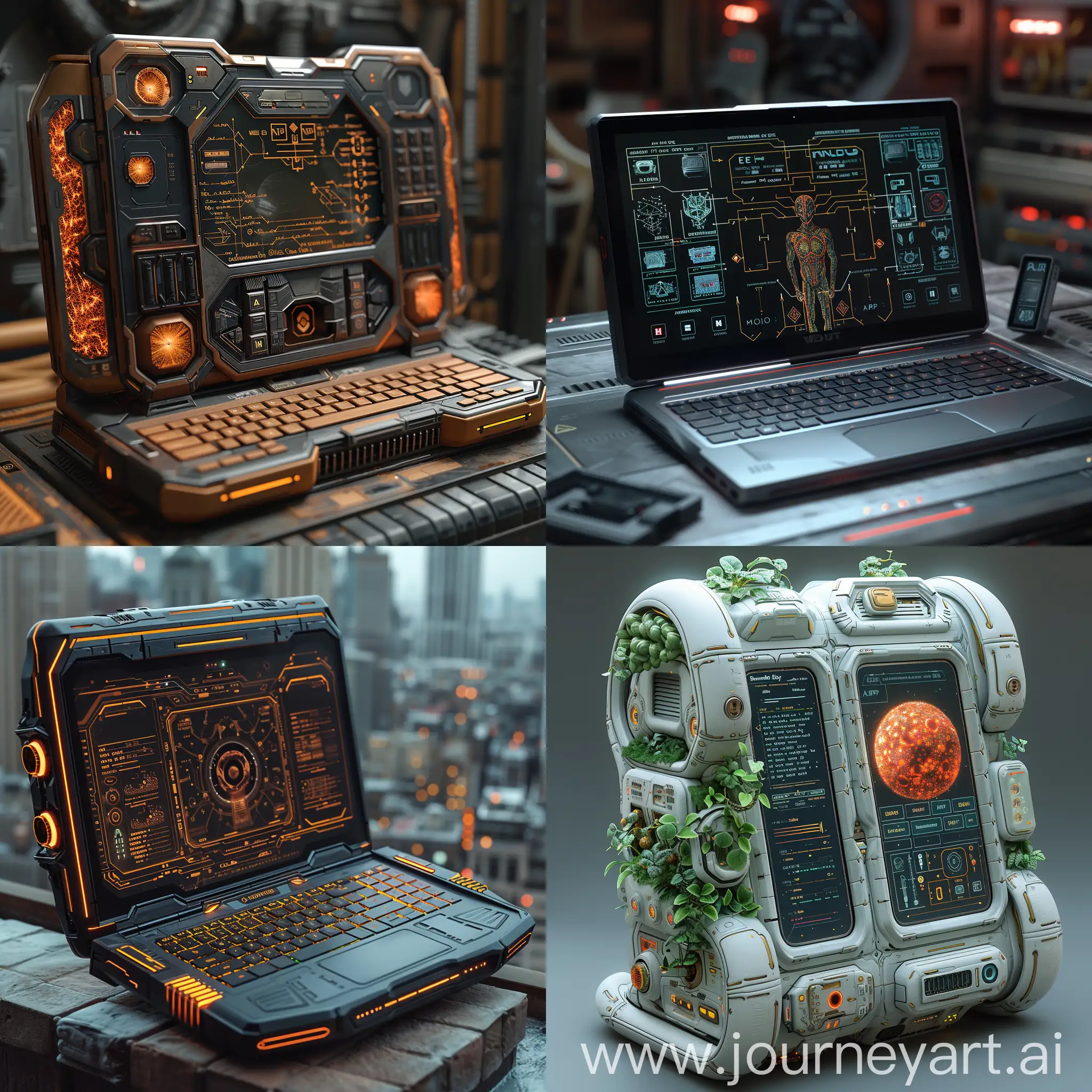 Futuristic laptop, Neural Processing Unit (NPU) inspired by "Strange Days" (1995), Bio-Organic Battery (BOB) inspired by "Avatar" (2009), Morphing Display (MD) inspired by "Terminator 2: Judgment Day" (1991), Self-Repairing Chassis (SRC) inspired by "The T-X" from "Terminator 3: Rise of the Machines" (2003), Universal Translator (UT) inspired by "Arrival" (2016), Emotion Sensor (ES) inspired by "Minority Report" (2002), Augmented Reality Projection (ARP) inspired by "A Scanner Darkly" (2006), Quantum Encryption Engine (QEE) inspired by "Inception" (2010), Weather-Adaptive Cooling System (WACS) inspired by "Waterworld" (1995), Holographic Keyboard (HK) inspired by "Star Wars" franchise, Morphing Skin (MS) inspired by "Annihilation" (2018), E Ink Display Lid (EIDL) inspired by "Minority Report" (2002), Solar Charging Back (SCB) inspired by "Sunshine" (2007), Biometric Fingerprint Lock (BFL) inspired by "Blade Runner" (1982), Augmented Reality Bezel (ARB) inspired by " Paprika" (2006), Kinetic Hinge (KH) inspired by "The Cell" (2004), Modular Expansion Ports (MEP) inspired by "Cloud Atlas" (2012), Mood Lighting (ML) inspired by "Her" (2013), Wireless Charging Mat (WCM) inspired by "Inception" (2010), AI-Powered Assistant Projector (AIPA) inspired by "Her" (2013), unreal engine 5 --stylize 1000