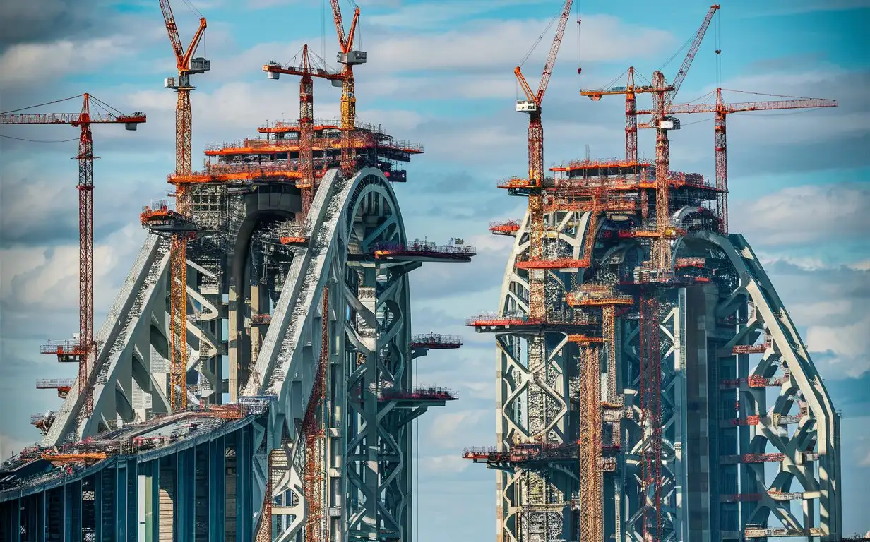 Massive Bridge Construction with Cranes on Bright Day