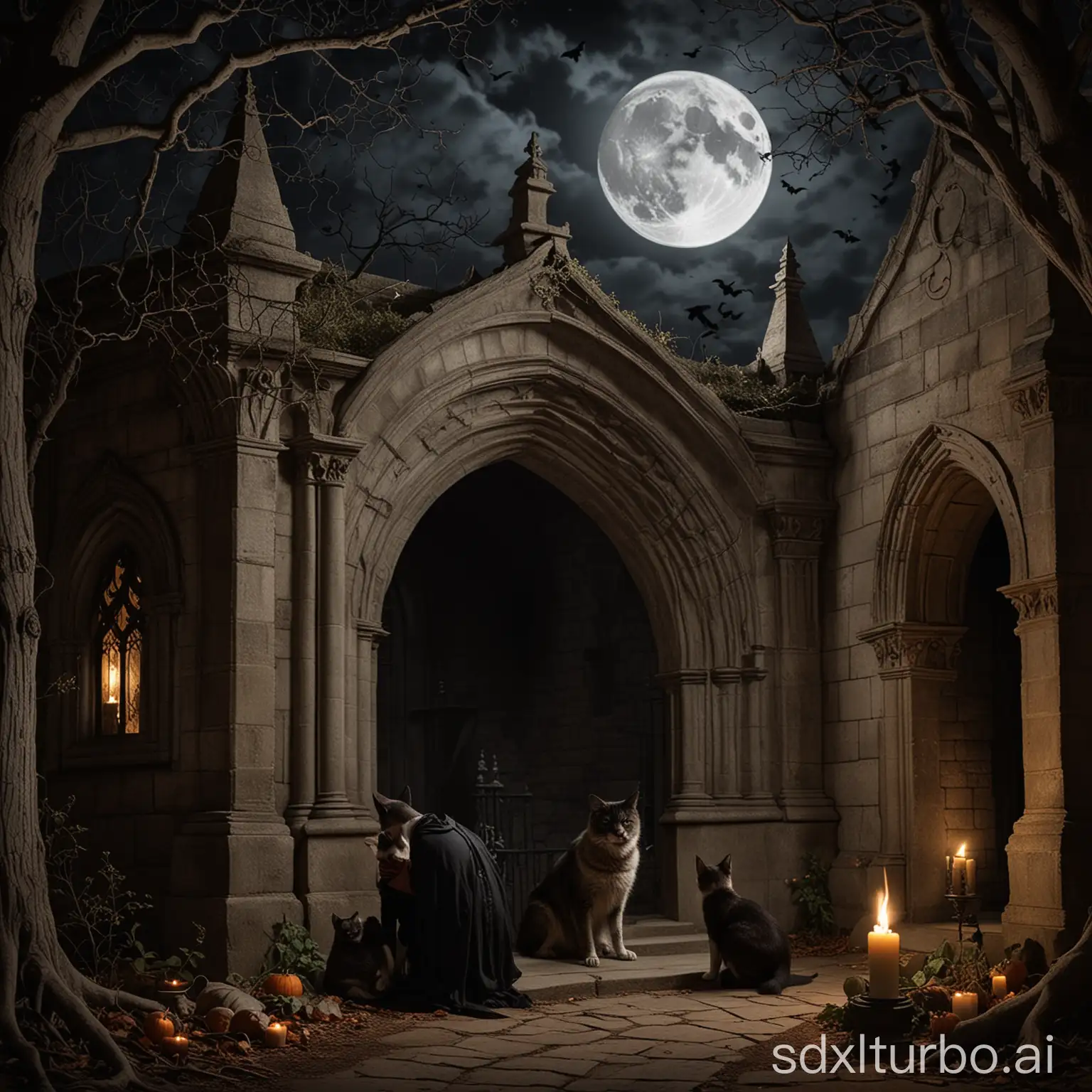 A gothic couple sits romantically in front of an open crypt by candlelight under a half moon. A cat sneaks up. A dog nestles against them and looks at them dreamily. A bat hangs on a tree. A vampire sneaks up from behind.