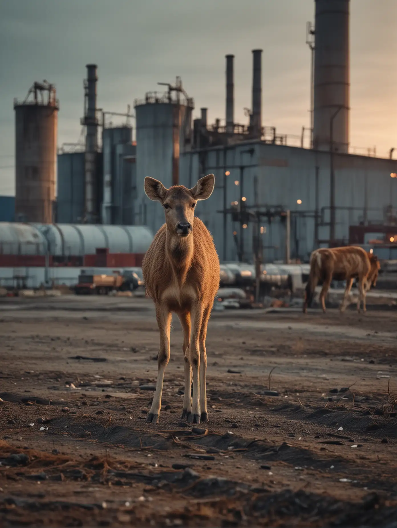 Wild-Animal-by-Industrial-Facility-in-Evening-Light-Atmospheric-Realistic-Photo