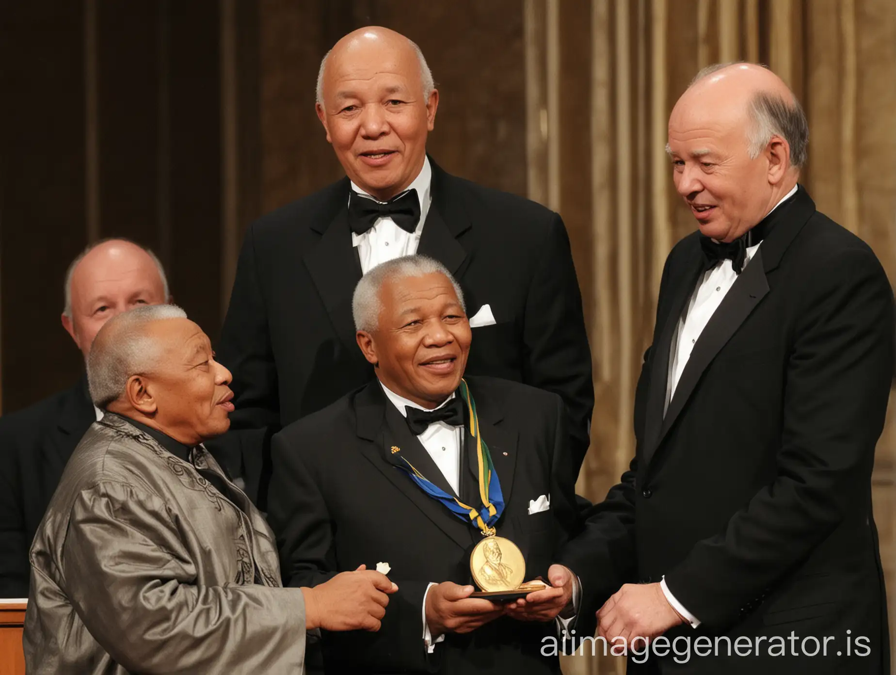 Mandela and de Klerk receiving the Nobel Peace Prize, with the Nobel medal prominently displayed.