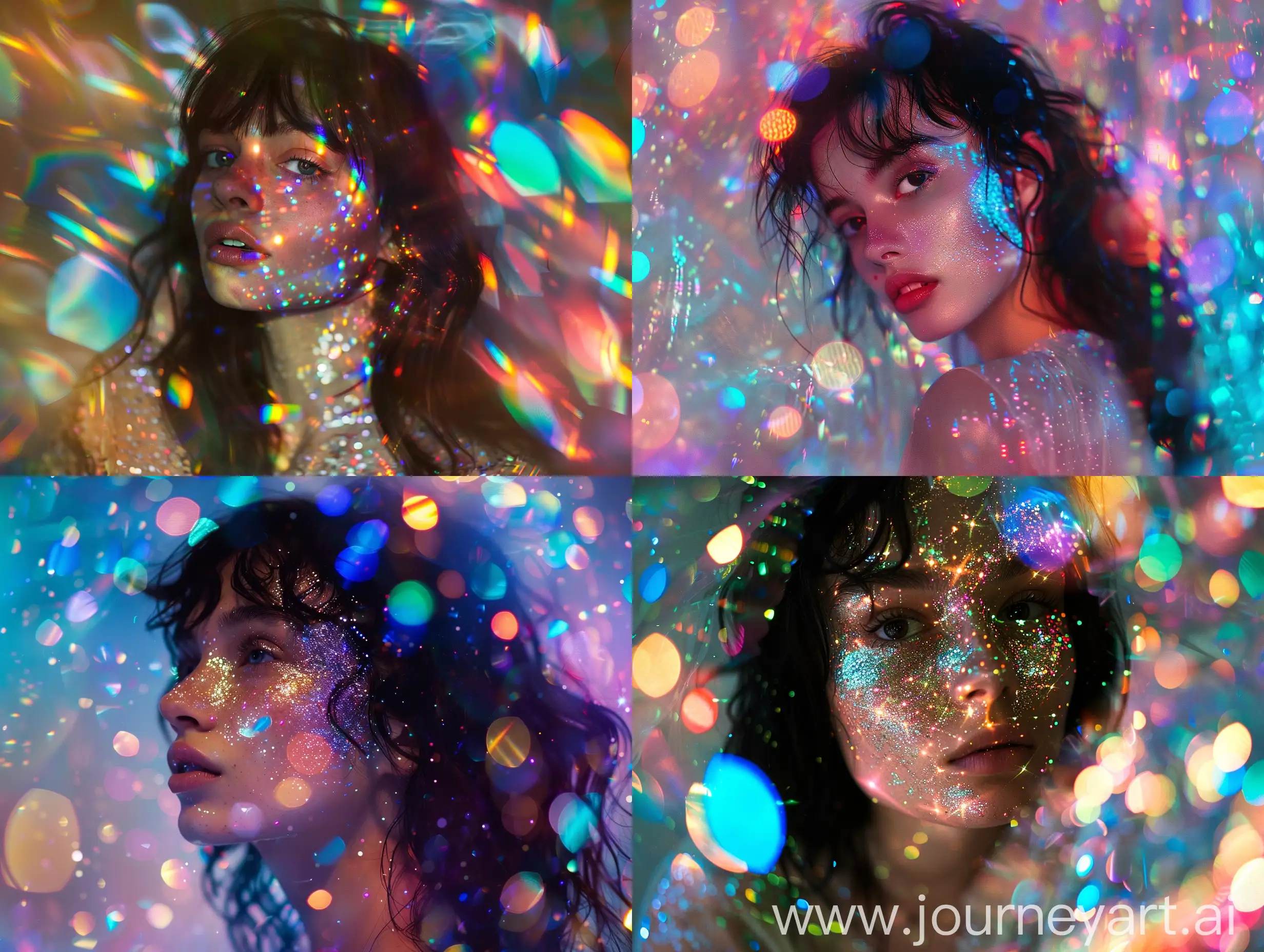 a young woman with dark hair and a face illuminated by sparkling lights, stand and strike a pose, set against a holographic, shimmering, glittery rainbowcore background, captured with double exposure photography to create a psychedelic, cinematic beauty