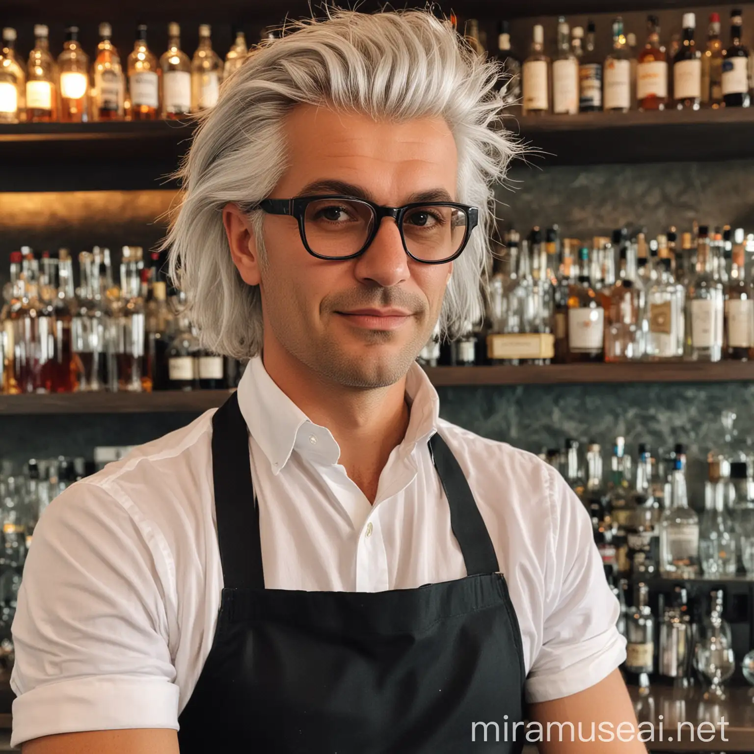 Stylish Austrian Bartender with Grey Hair and Trendy Glasses Serving Drinks