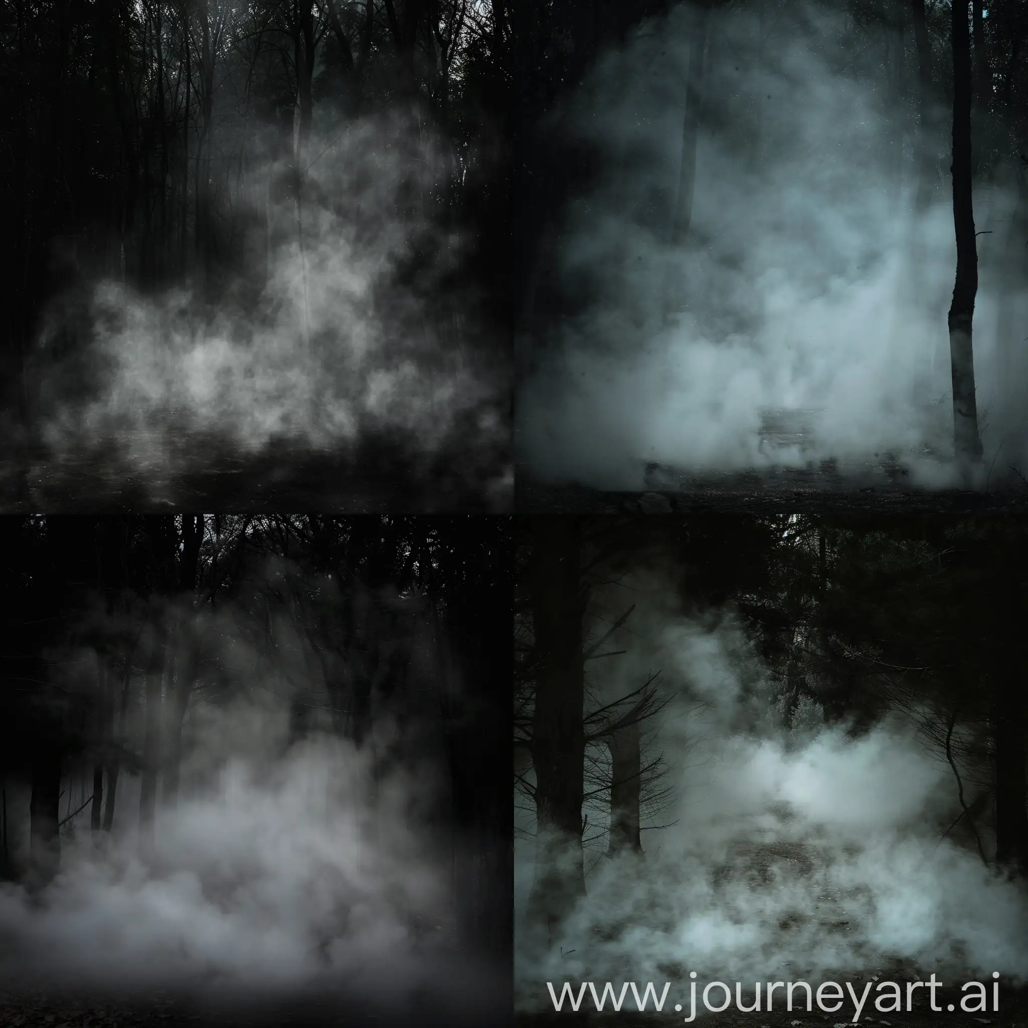 very thick fog in a dark forest, the fog completely absorbs the space in the central part and slightly envelops the trees on the left and right and the ground below, thick smoke spreads along the ground, the atmosphere of a scary movie
