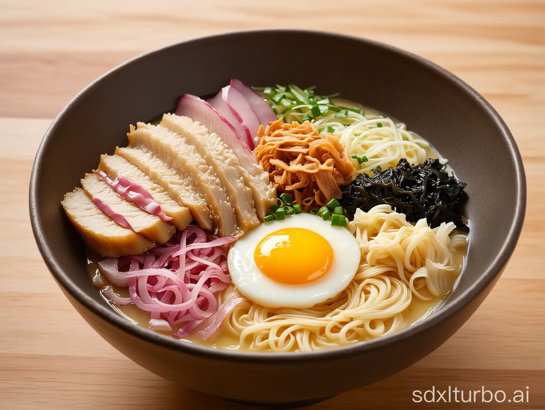 Real dishes captured with camera，This bowl of ramen looks absolutely delicious with its rich, creamy broth—probably tonkotsu, judging by the opacity and assumed richness. The chashu pork belly is nicely charred, adding depth of flavor. The ajitama, or seasoned soft-boiled egg, looks perfectly done, with a lovely custard-like yolk. The menma, or fermented bamboo shoots, and the thinly sliced red onion add texture and a nice bite. There are also kamaboko fish cakes with the traditional pink swirl, and it's all topped off with chopped green onions and a sheet of nori. Enjoying a bowl like this is definitely a feast for the senses!