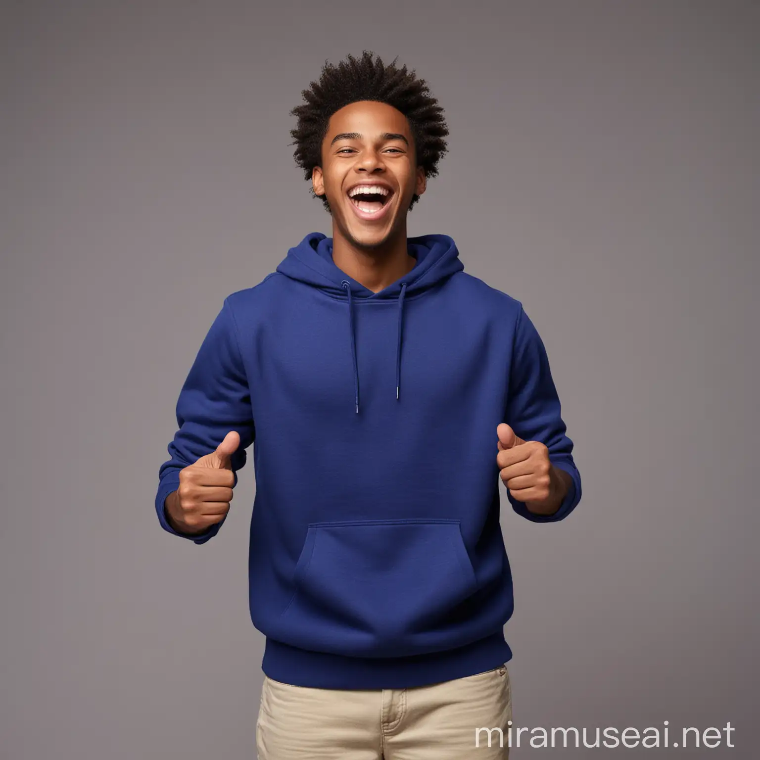 Excited handsome African American young man , putting on a royal blue colour sweatshirt , cheerfully laughing at camera , doing lottery winning gesture ,standing straight against gray background space , facing camera