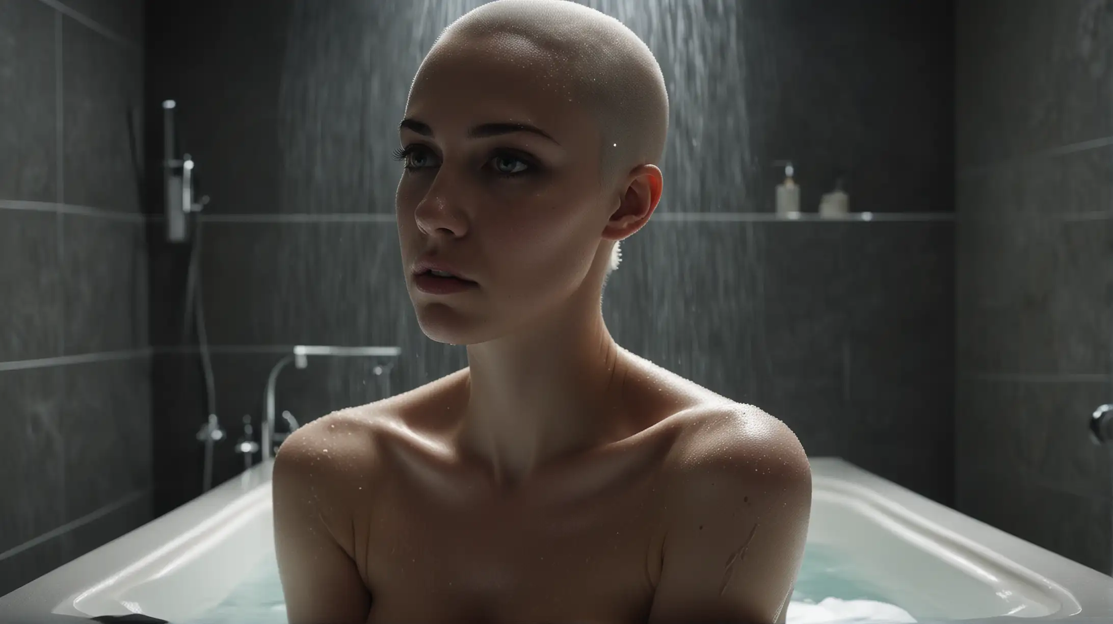 dark sci-fi, minimalist architecture and interiors, large bath in dark bathroom, minimalist light strips in background, steam, young women in bath, bald heads, black eyeballs, naked, pale, sultry, exotic,

wide shot, highly detailed, random details, imperfection, detailed face, detailed body, detailed skin textures, skin pores, detailed background, detailed colours hues tones,