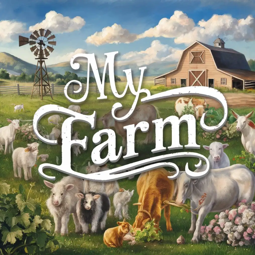 На картине на фоне изображена ферма с разными растениями и животными. На переднем плане надпись "My Farm"


