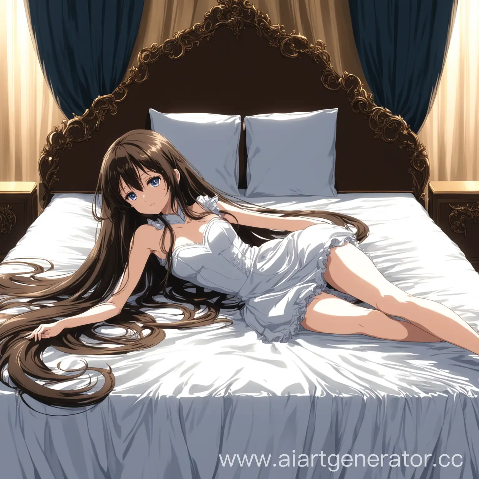 Anime girl lies on the bed in an elegant shape with long hair