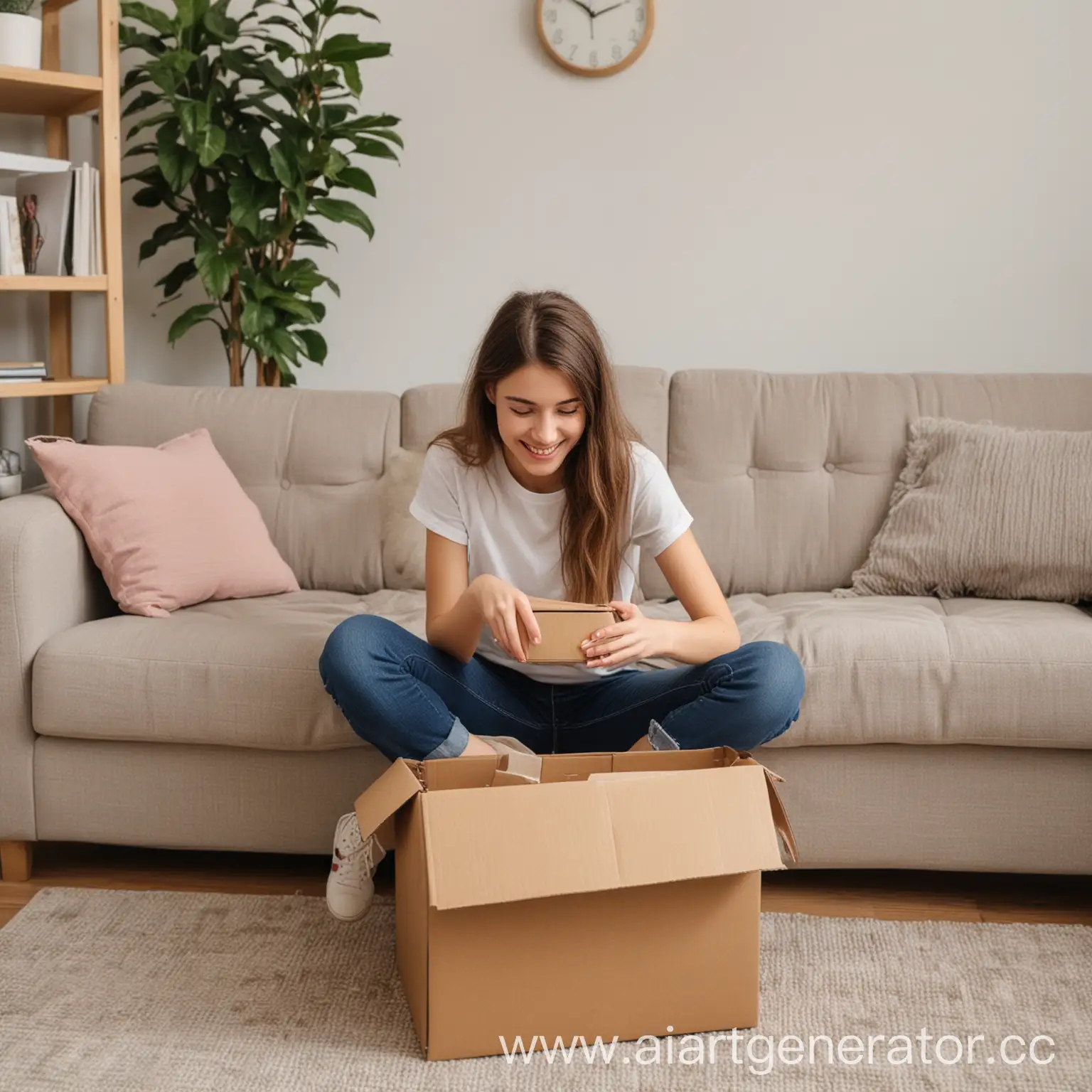 улыбающаяся девушка сидит на диване в домашней обстановке и открывает коробку с товарами из доставки онлайн магазина
