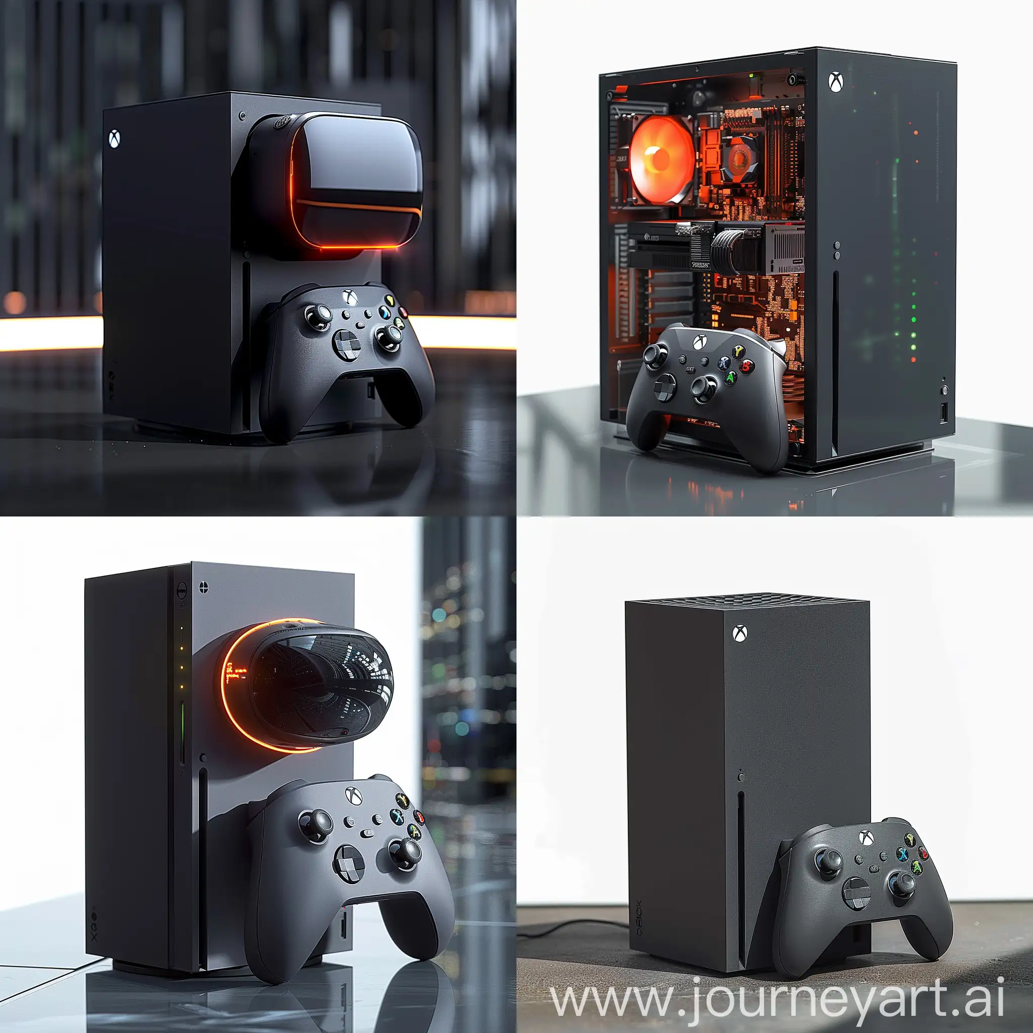 Futuristix Xbox Series X https://images-cdn.ubuy.co.in/650031d006906f37774b9024-2020-new-xbox-x-gaming-console.jpg:: sci-fi style, science fiction, Holographic Display, AI-powered Gameplay Assistance, Virtual Reality Integration, Gesture and Voice Control, Enhanced Graphics and Performance, Cloud Gaming Integration, Modular Design, Advanced Multiplayer Features, Immersive Sound Technology, Environmental Awareness, Holographic User Interface, Neural Interface:, Augmented Reality Integration, Time Manipulation Gameplay, Teleportation Hub, Shape-Shifting Controller, AI Companion, Biometric Feedback, Quantum Encryption, Dynamic Environments, octane render --stylize 1000