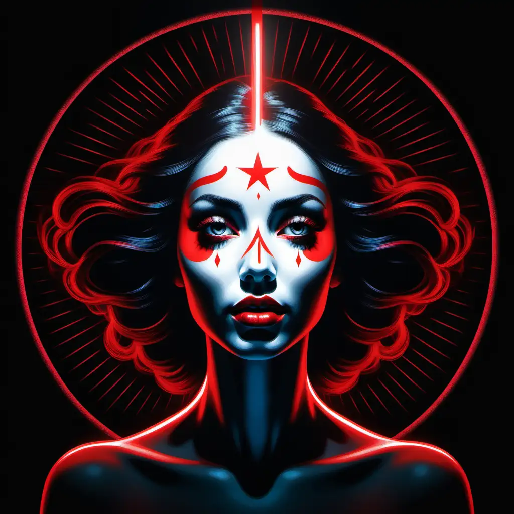 Stunning illustration of Woman, glowing in the dark with colorful red,white and black light, centered on a black background, in the style of pop surrealist artist, fine art, illustration. 