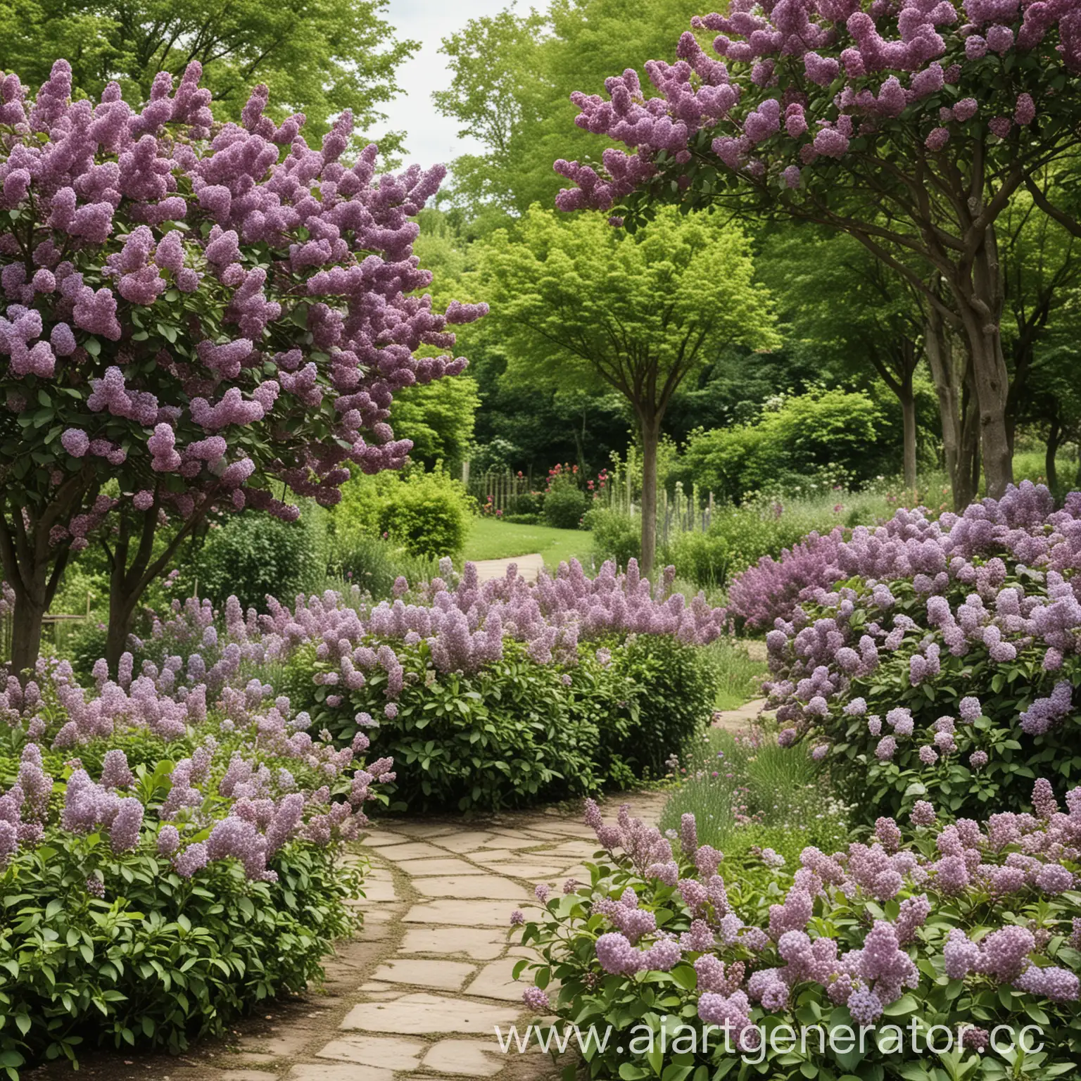 Tranquil-Garden-Landscape-with-Lilac-Bushes-and-Trees