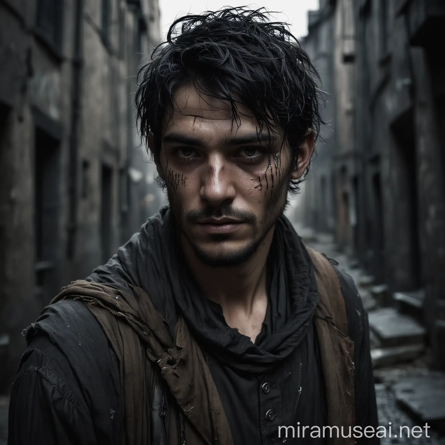 a cinematic realistic photograph of a man dress as a vagabond with black hair and a scar on the cheek, in a dark gothic city