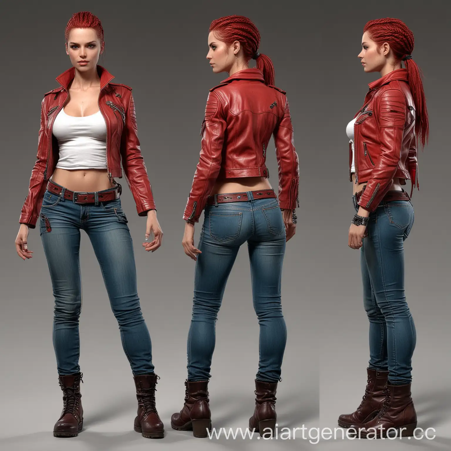 Female turnaround 4 poses front, back, side, 3/4, Lottie a beautiful, perfect face, black medium short hair with bright red braids' tips, in jeans, white tank top and red leather jacket, no shoes. By Carlos Ezquerra, Dave Gibbons, dynamic lighting, comic art, winning award masterpiece, fantastically beautiful, illustration, aesthetically inspired by Cam Kennedy and Simon Bisley, 2000ad comic