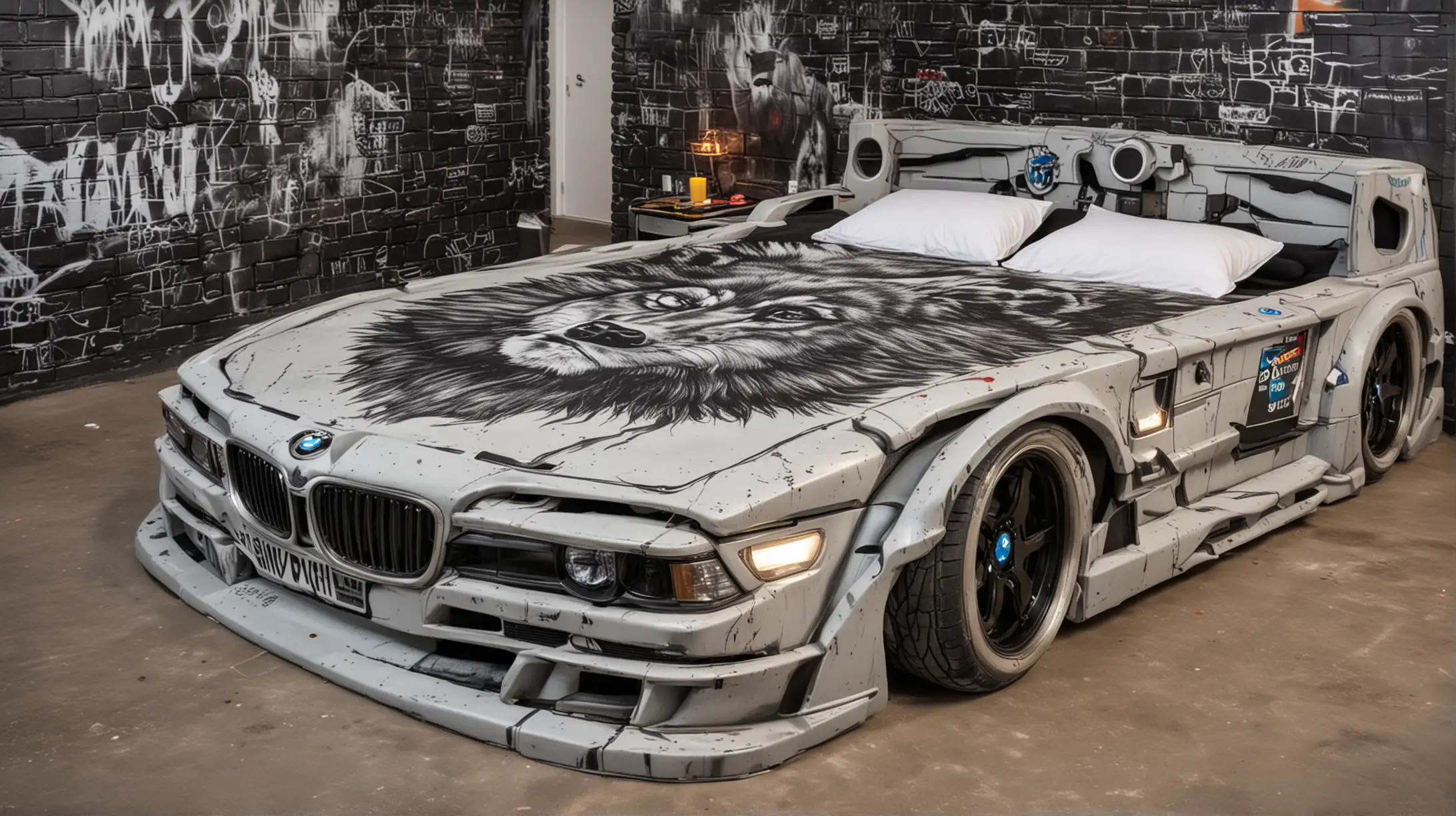 Double bed in the shape of a BMW car with headlights on and wolf graffiti