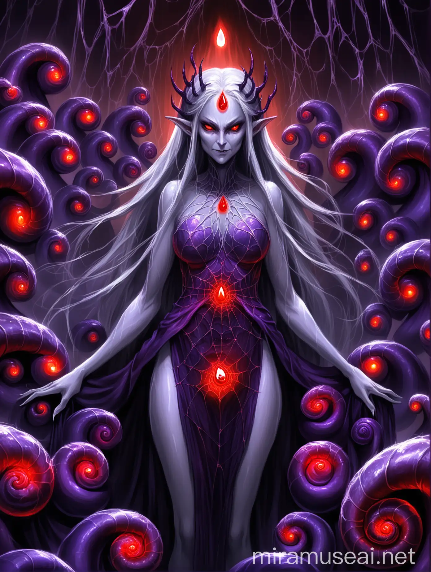 The picture has a dark gloomy purple background with a pattern of webs glistening with teardrop shaped gemstones in different colors stretching across. In the Center is a fullbody shot of the Torso and Head of a beautiful & vain middle-aged dark elf woman that has an extremely intimidating & cruel smirk on her face. From her waist down, her body is that of a slug and behind her is one single large purple snail shell, covered in many red glowing eyes.  Her Hair is white. The picture should have the overall feeling of looking at an evil Goddess.