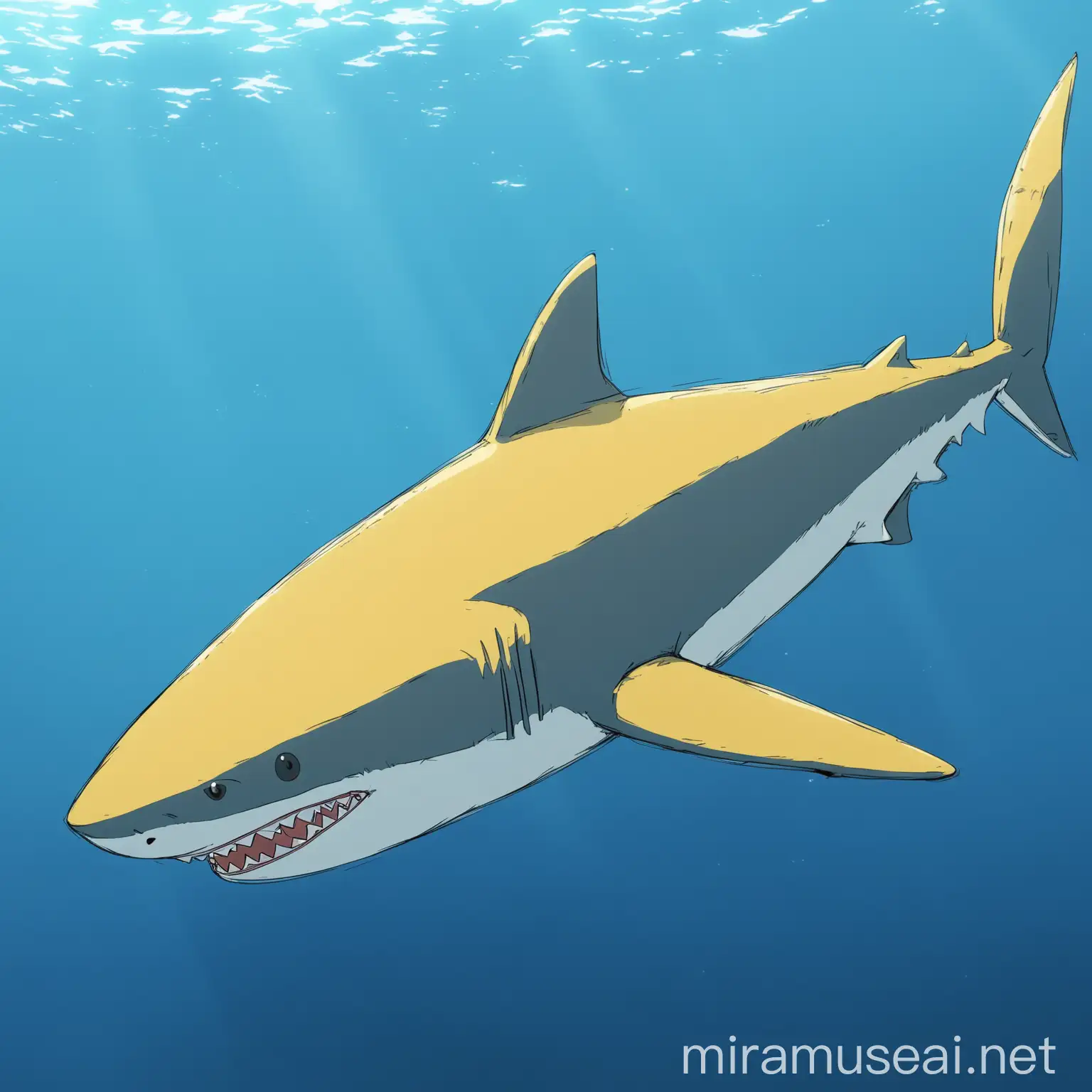 a floating shark, blue and yellow. in anime