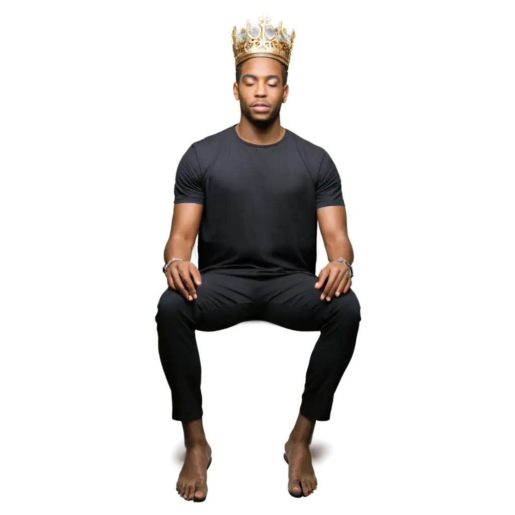 a black man wearing shirt sitting on a chair in a yoga style with a king crown on his head