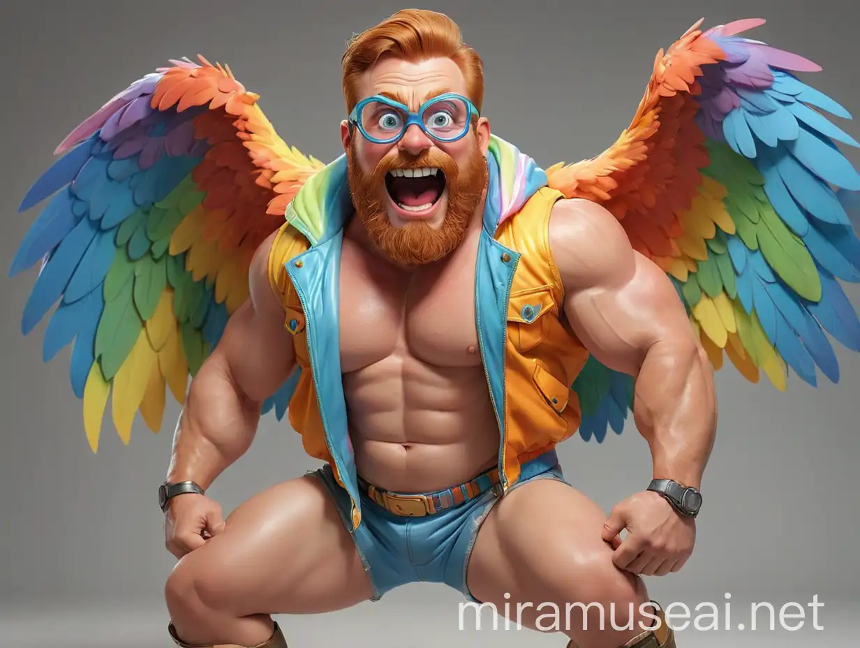 Topless Happy 40s Ultra Beefy Redhead Big Eyes Bodybuilder Daddy with Beard Wearing Multi-Highlighter Bright Rainbow Colored See Through huge Eagle Wings Shoulder Jacket short shorts low leather boots and Flexing his Big Strong Arm Up with Doraemon Goggles on forehead