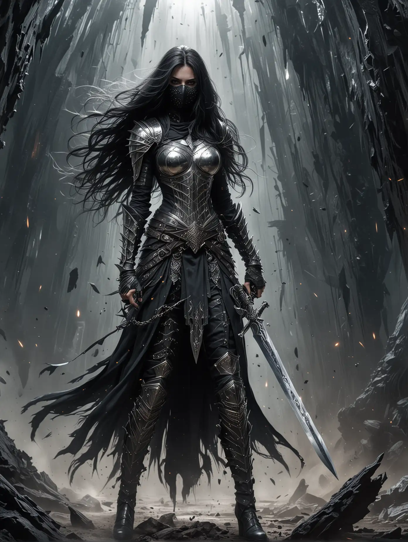 Powerful-Woman-Warrior-in-Voluminous-Silver-Armor-Confronts-a-Black-Hole