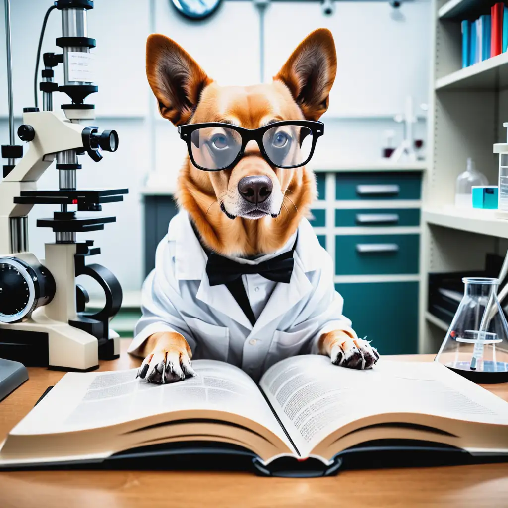 dog with black glasses in a scientific laboratory reading a science book