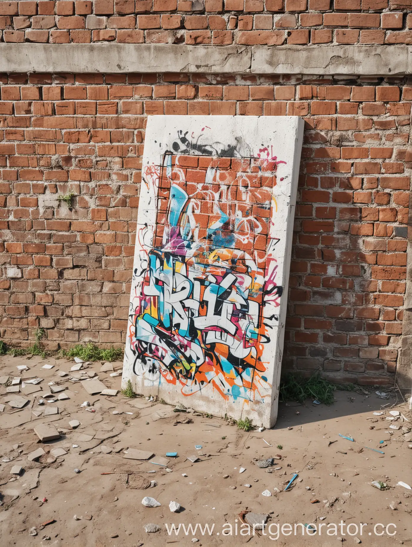 Graffiti-Art-Canvas-Leaning-Against-Brick-Wall-in-Park