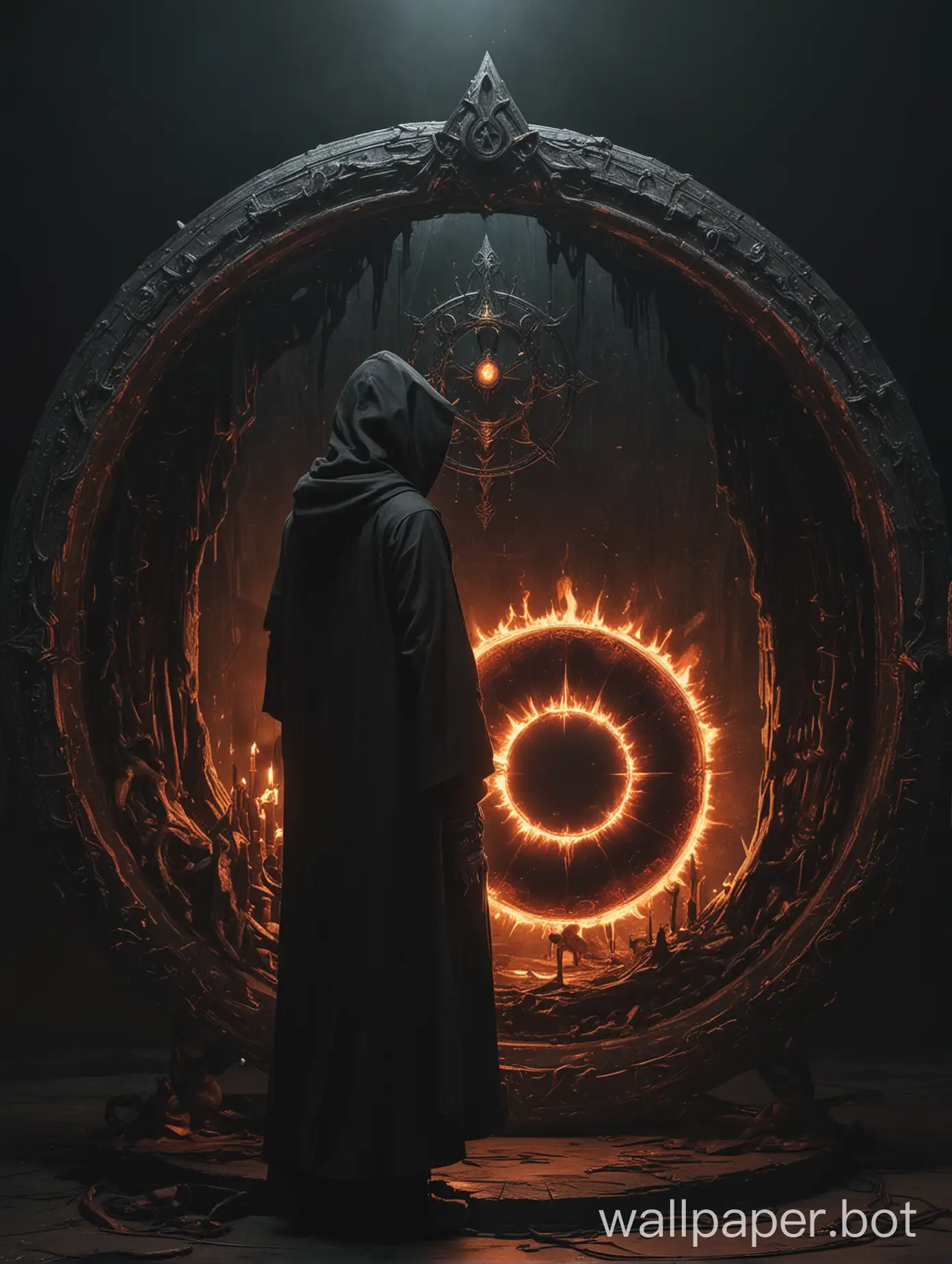 arafed image of a man in a hooded cloak standing in front of a circular object, occultist, just art for dark metal music, cultist, holy flame spell, abstract occult epic composition, diablo digital concept art, album art, god of death, detailed cover artwork, king of time reaper, the allfather, dark soul concept