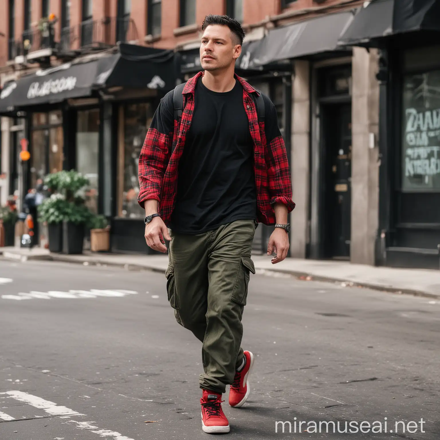 "A handsome white man with short black hair, clean-shaven face, without mustache and beard, casually walks down the street in New York. He is wearing a black T-shirt and a red flannel shirt, paired with cargo pants and Air Jordan shoes."